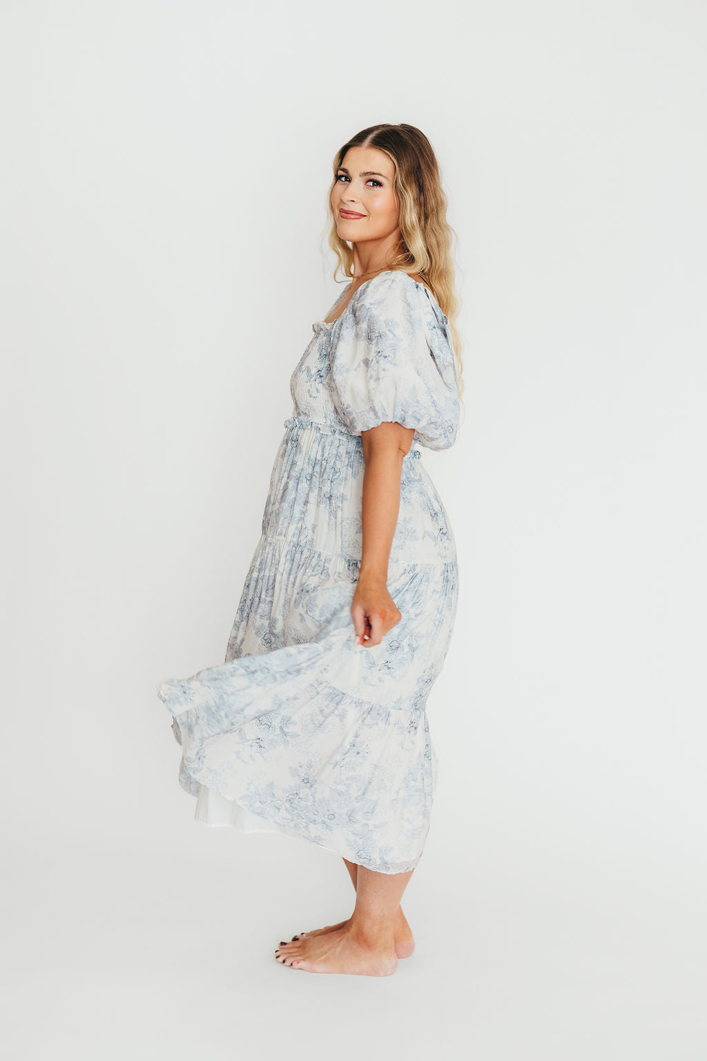 Elena Floral Print Smocked Midi Dress in Blue - Bump Friendly & Inclusive Sizing