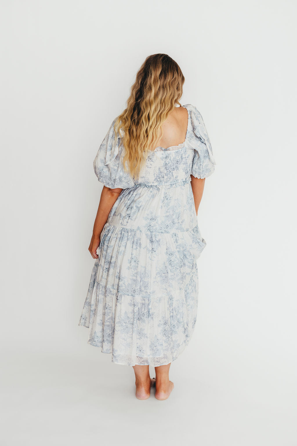 Elena Floral Print Smocked Midi Dress in Blue - Bump Friendly & Inclusive Sizing