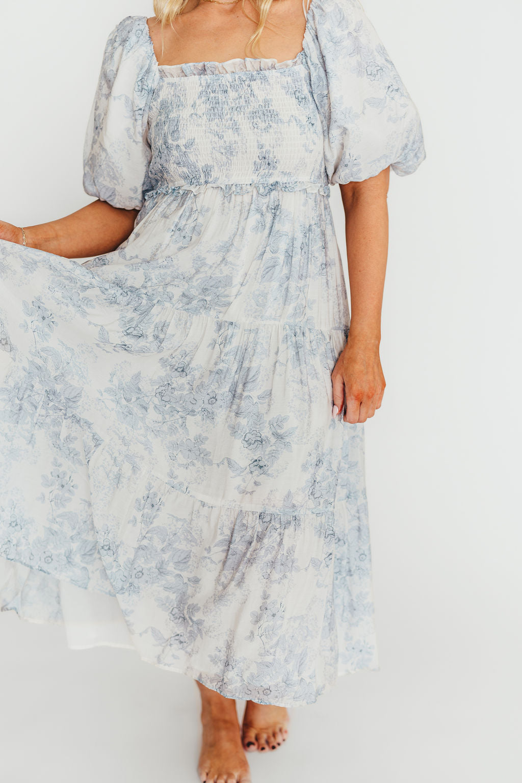 Elena Floral Print Smocked Midi Dress in Blue - Bump Friendly & Inclusive Sizing