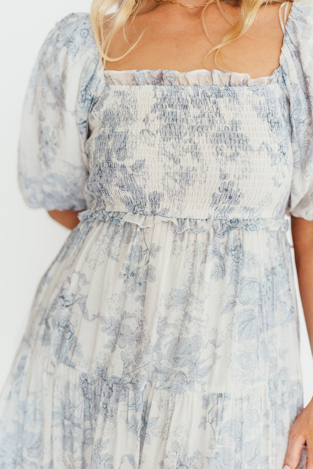 Elena Floral Print Smocked Midi Dress in Blue - Bump Friendly & Inclusive Sizing