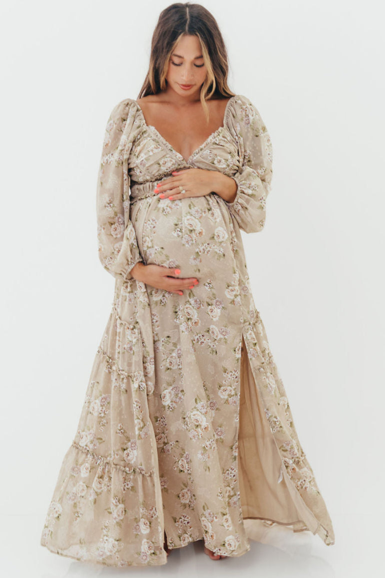Daphne Long Sleeve Maxi Dress in Beige/Multi Floral - Bump Friendly & Inclusive Sizing (XS-3XL)