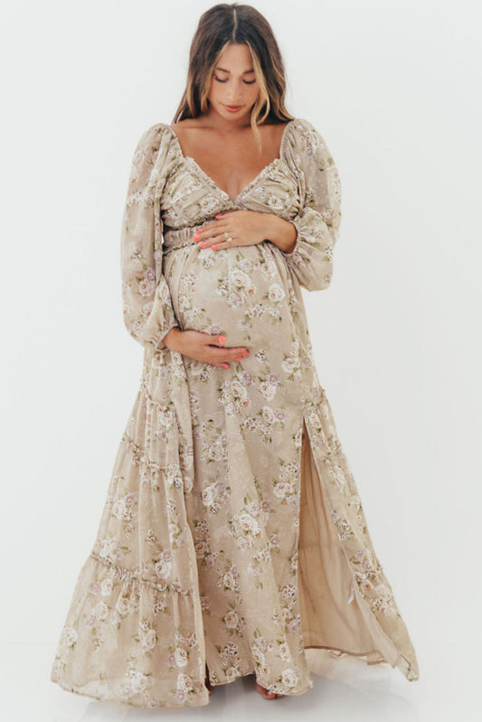 Daphne Long Sleeve Maxi Dress in Beige/Multi Floral - Bump Friendly & Inclusive Sizing (XS-3XL)