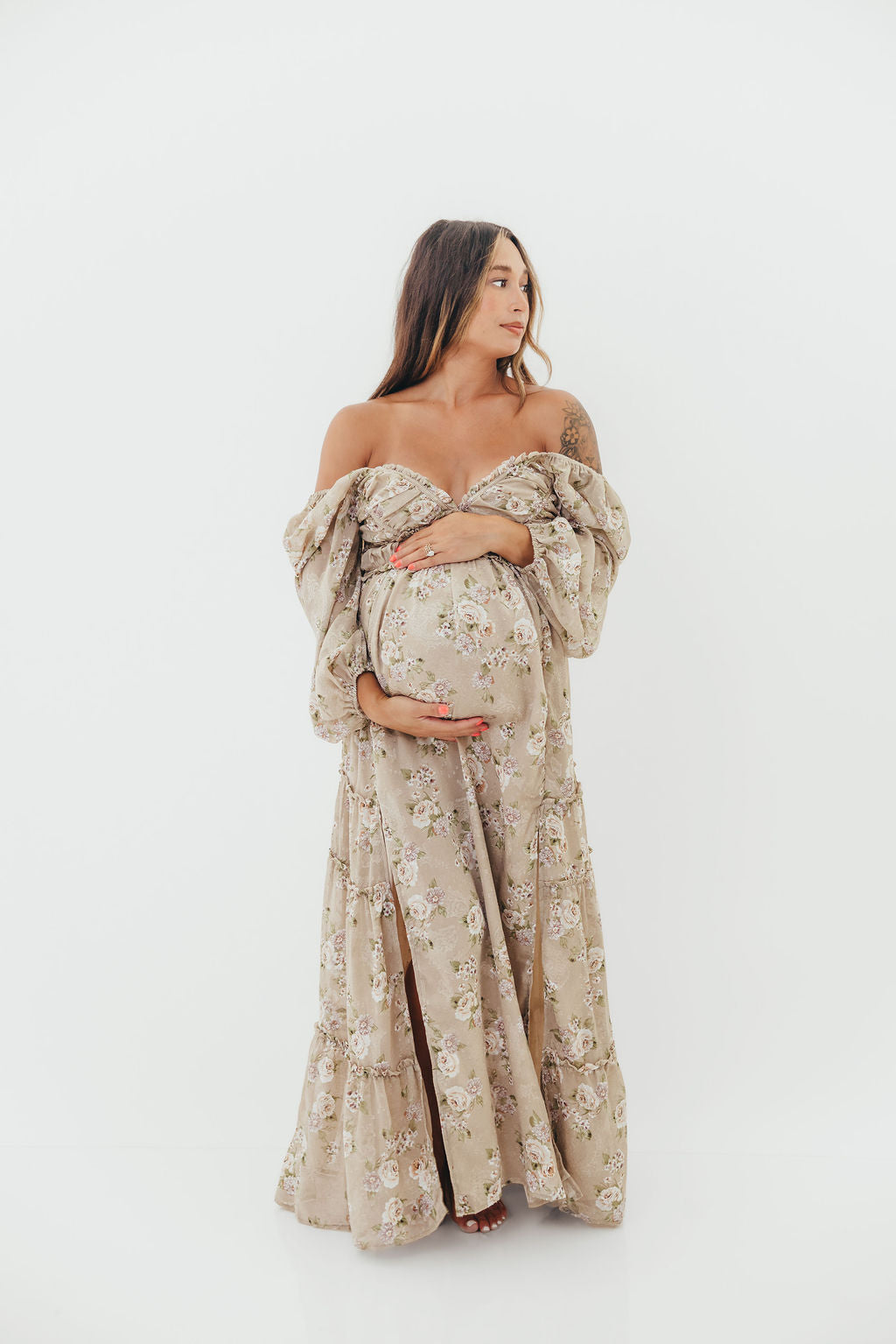 Daphne Long Sleeve Maxi Dress in Beige/Multi Floral - Bump Friendly & Inclusive Sizing (XS-3XL)