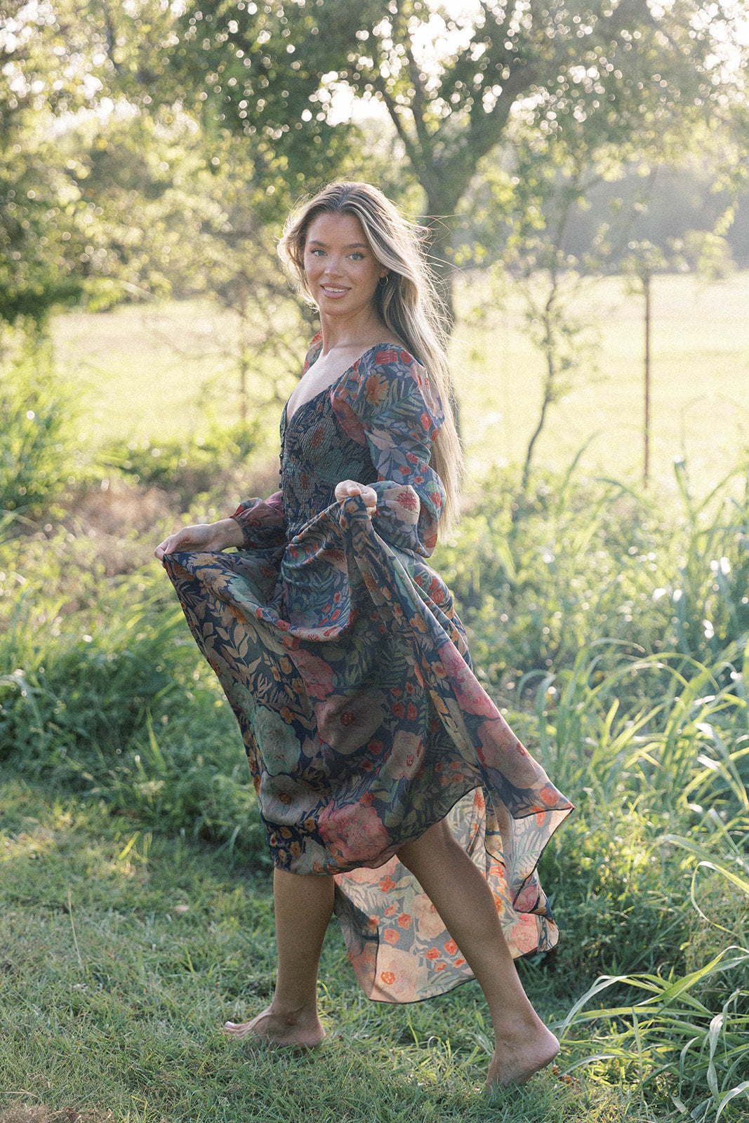 Steph Smocked Button-Front Maxi Dress in Midnight Floral