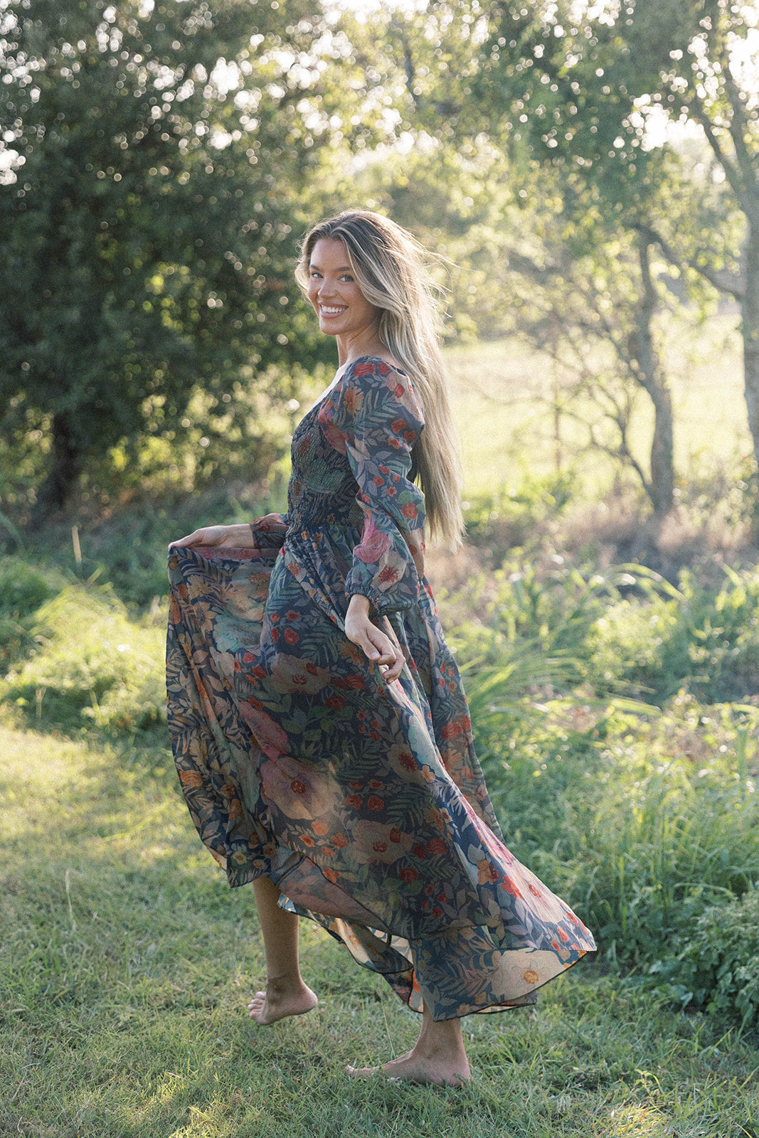 Steph Smocked Button-Front Maxi Dress in Midnight Floral