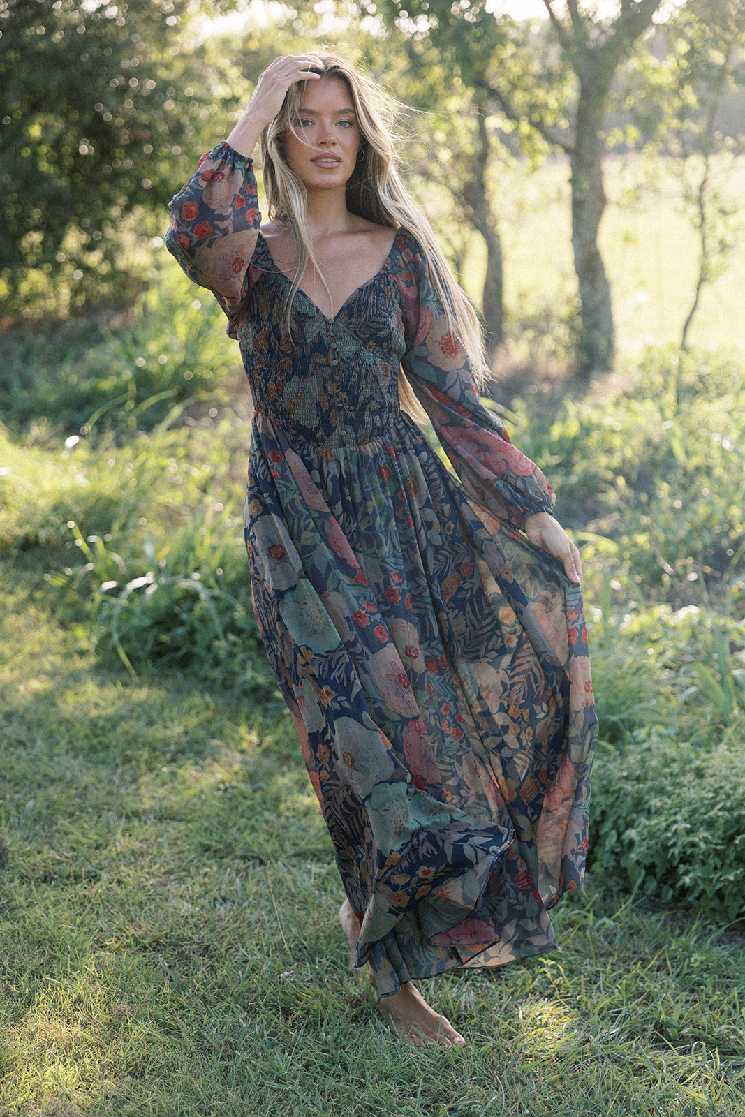 Steph Smocked Button-Front Maxi Dress in Midnight Floral