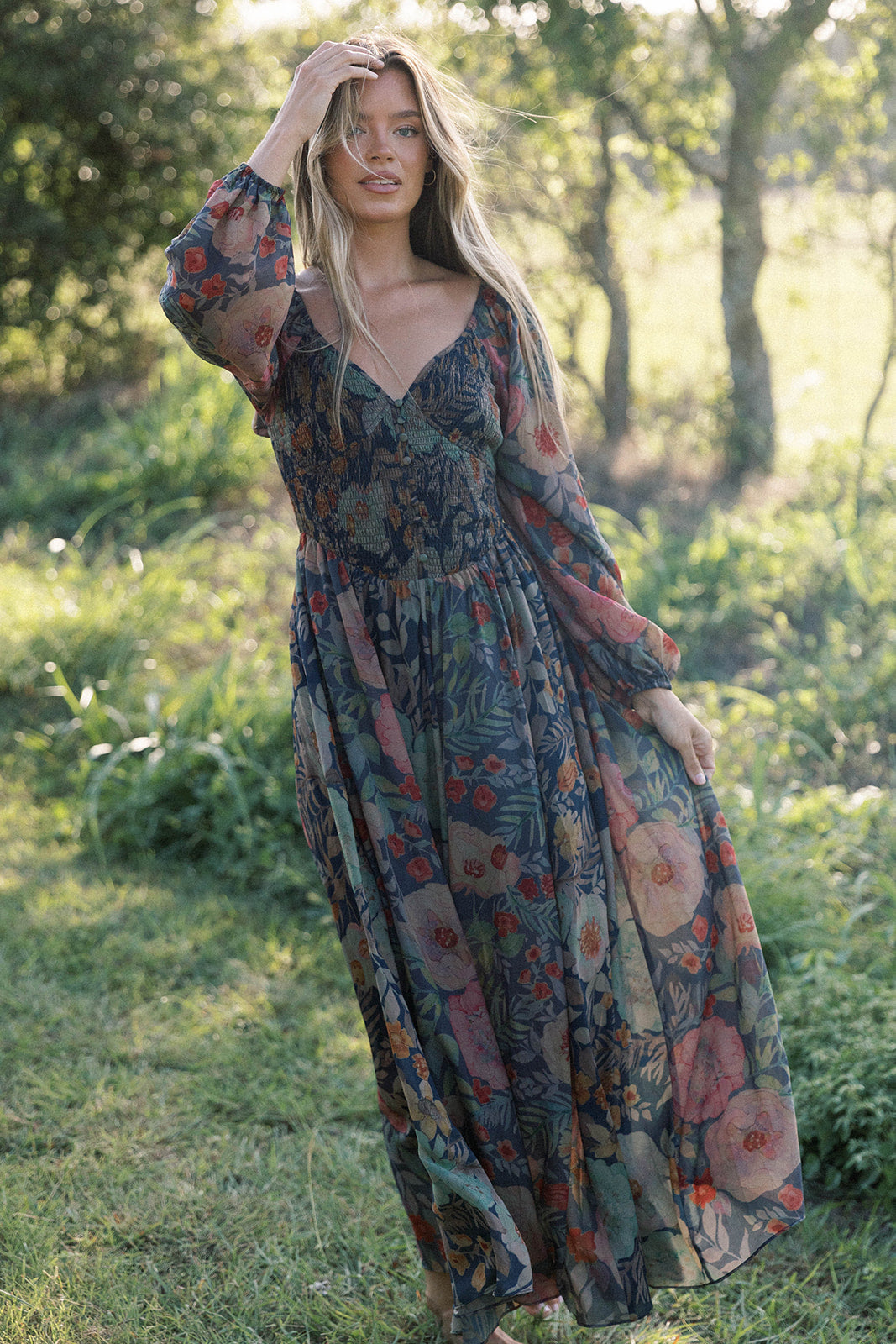 Steph Smocked Button-Front Maxi Dress in Midnight Floral