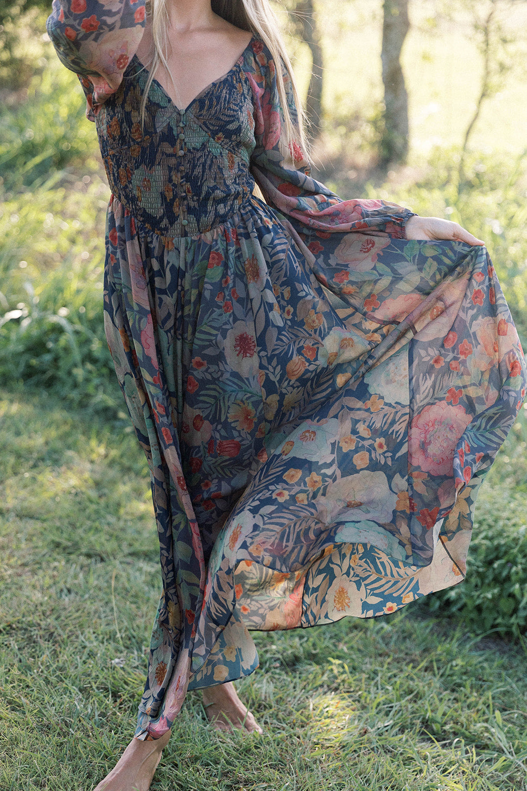 Steph Smocked Button-Front Maxi Dress in Midnight Floral