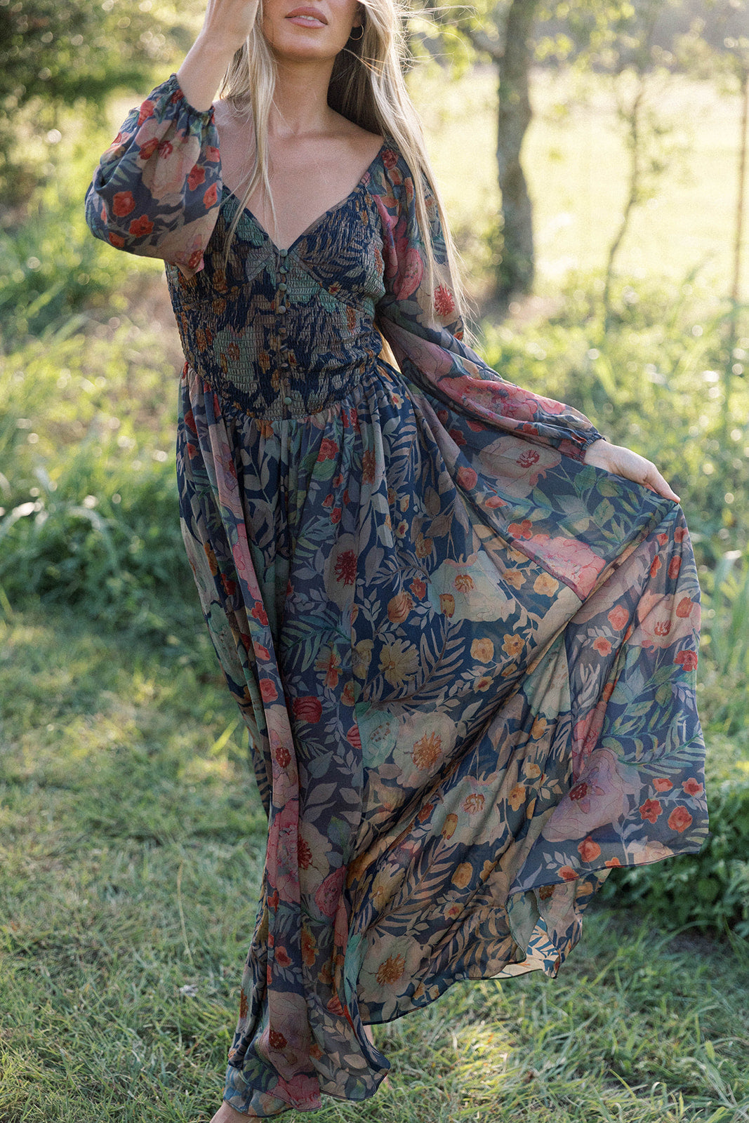 Steph Smocked Button-Front Maxi Dress in Midnight Floral