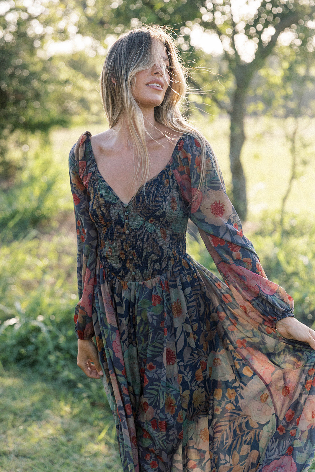 Steph Smocked Button-Front Maxi Dress in Midnight Floral