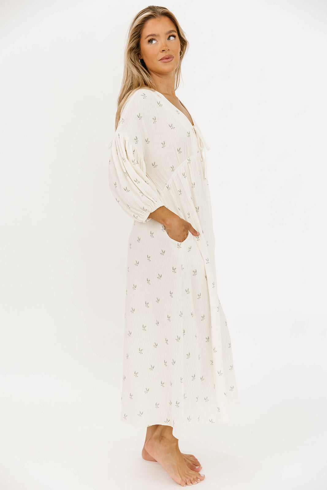 Hunter Midi Dress in Soy/Sage Foliage