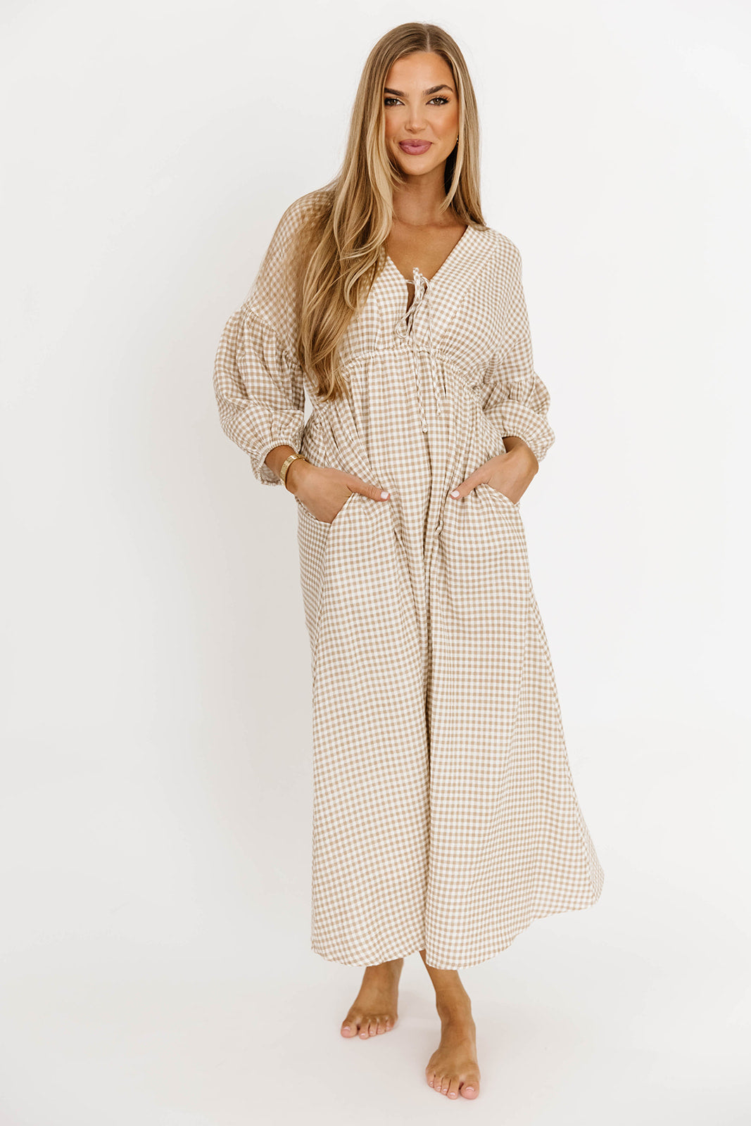 Hunter Printed Gauze Midi Dress in Natural Plaid - Bump Friendly