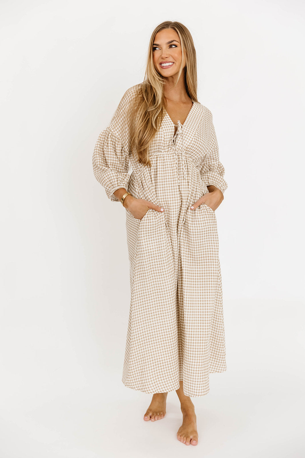 Hunter Printed Gauze Midi Dress in Natural Plaid - Bump Friendly