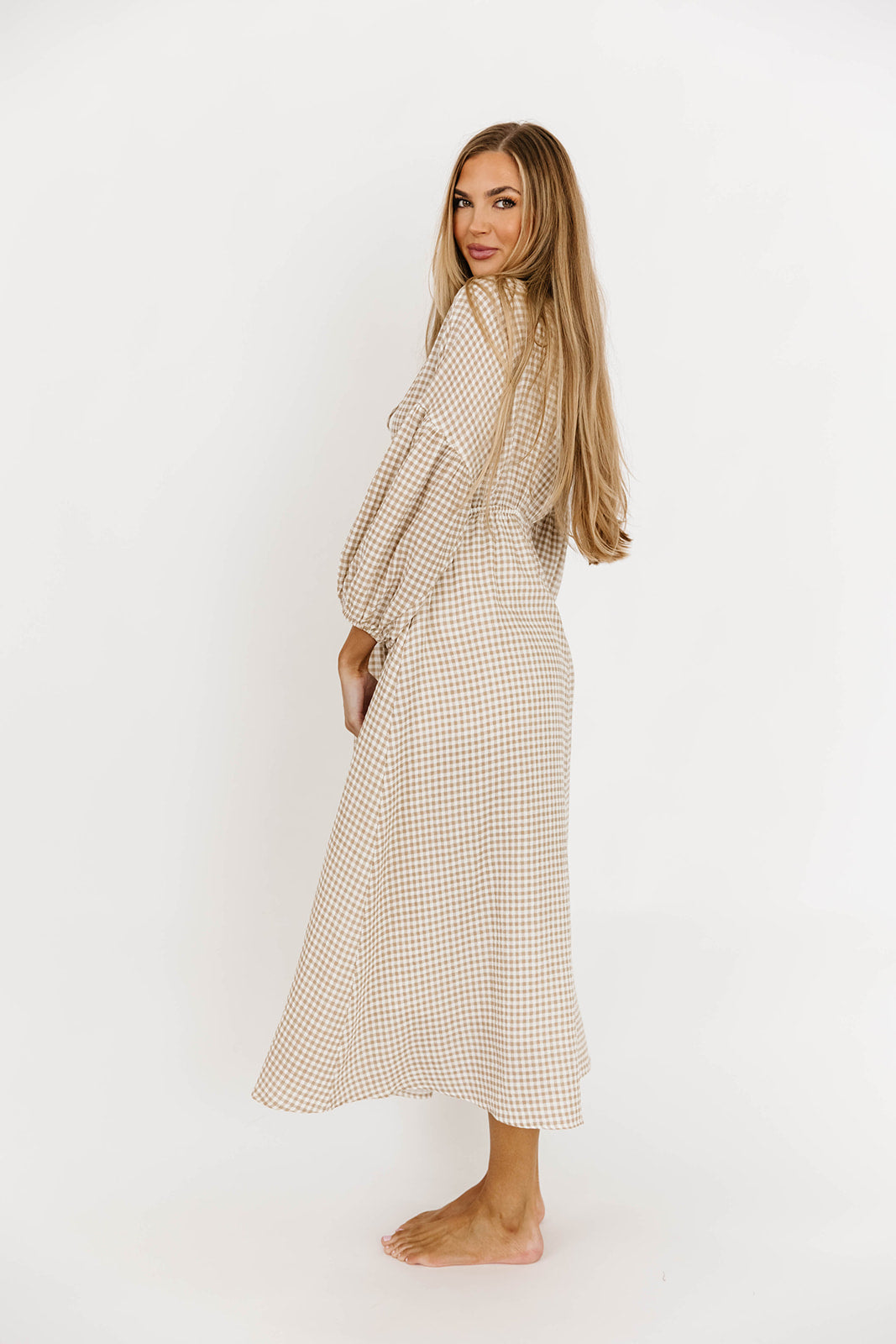 Hunter Printed Gauze Midi Dress in Natural Plaid - Bump Friendly