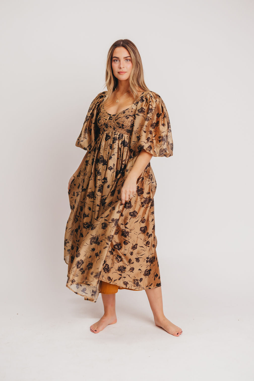 Harlow Camel & Black Floral Maxi Dress with Stretchy Neckline - Bump Friendly (Final Few)