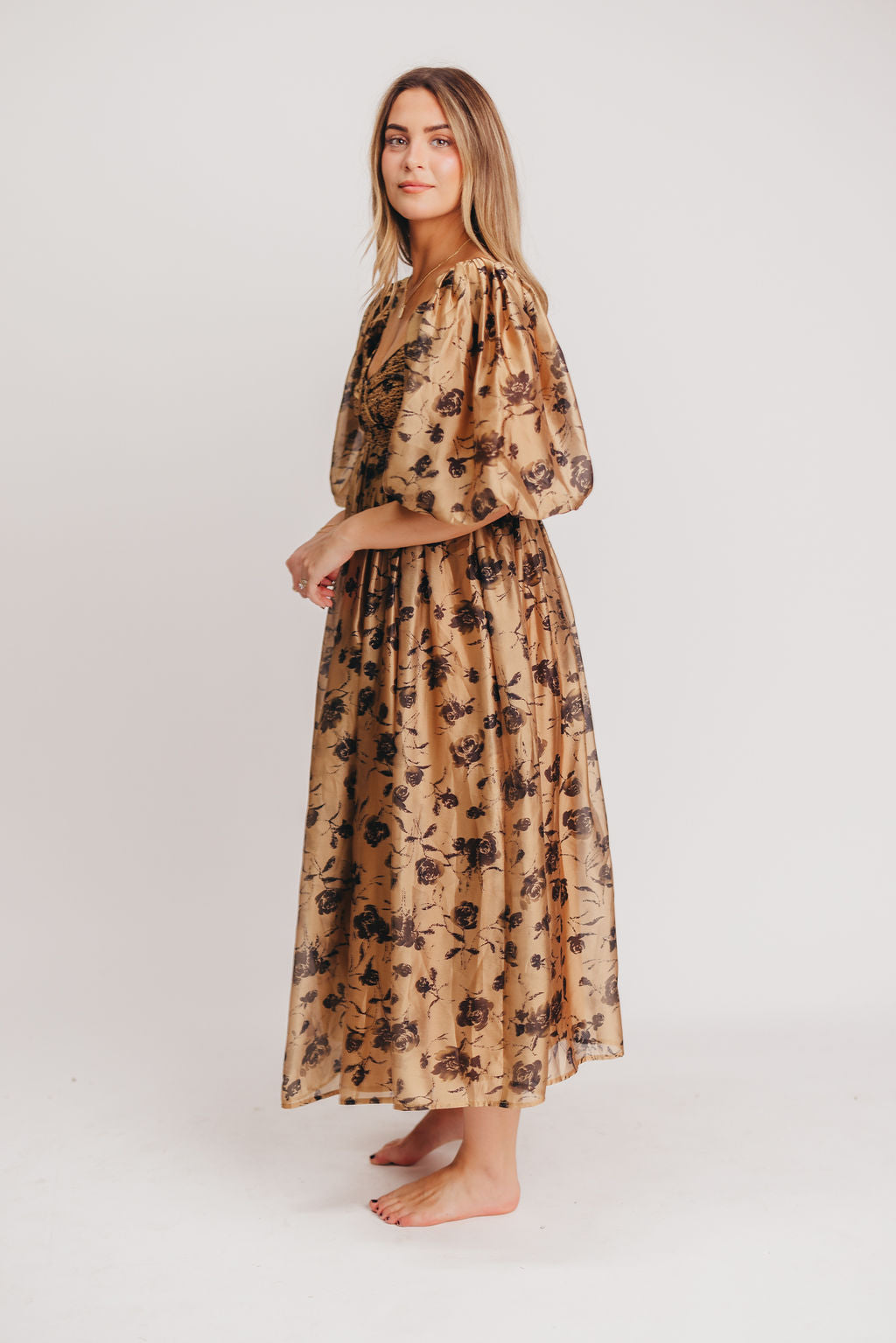 Harlow Camel & Black Floral Maxi Dress with Stretchy Neckline - Bump Friendly (Final Few)