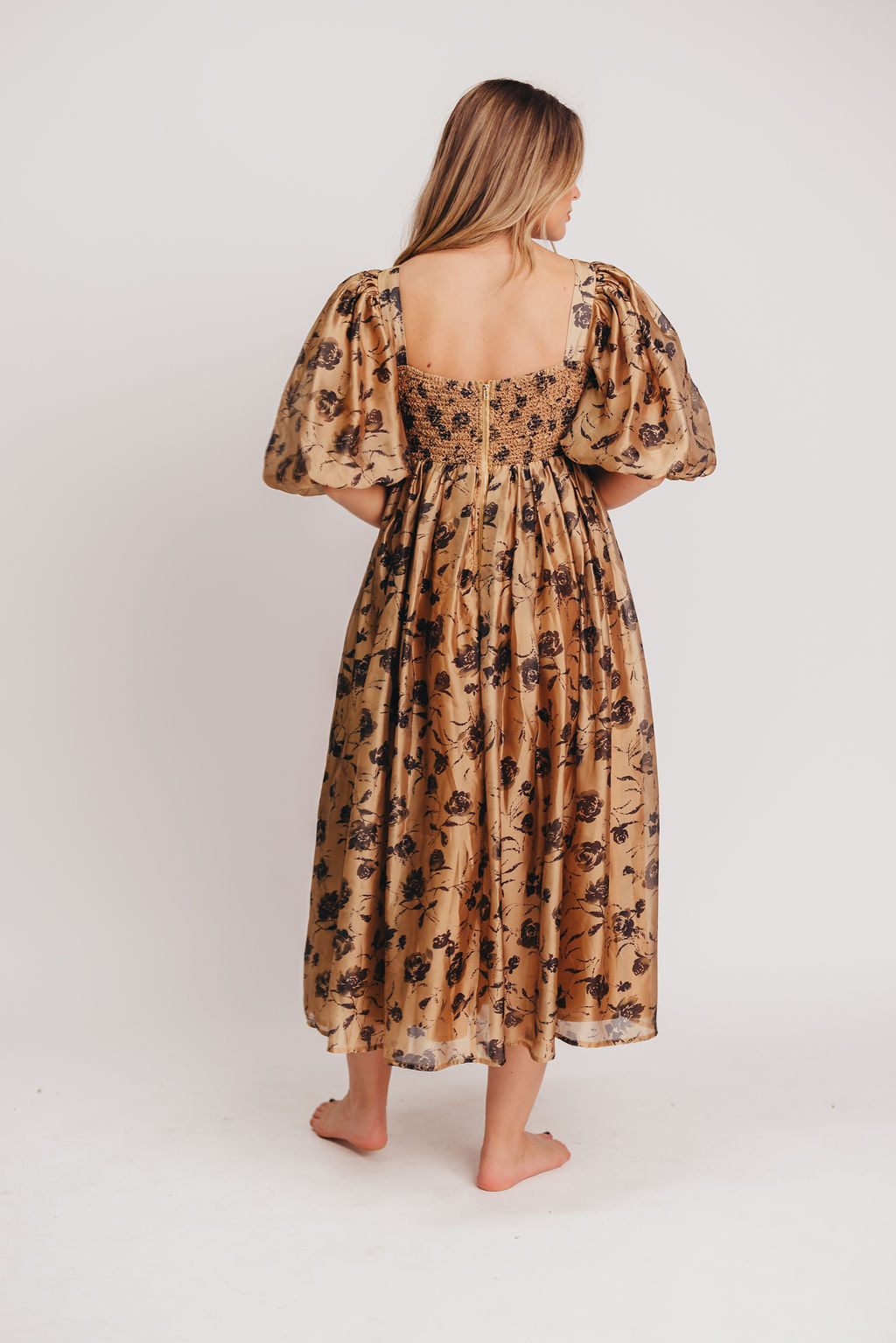 Harlow Camel & Black Floral Maxi Dress with Stretchy Neckline - Bump Friendly (Final Few)