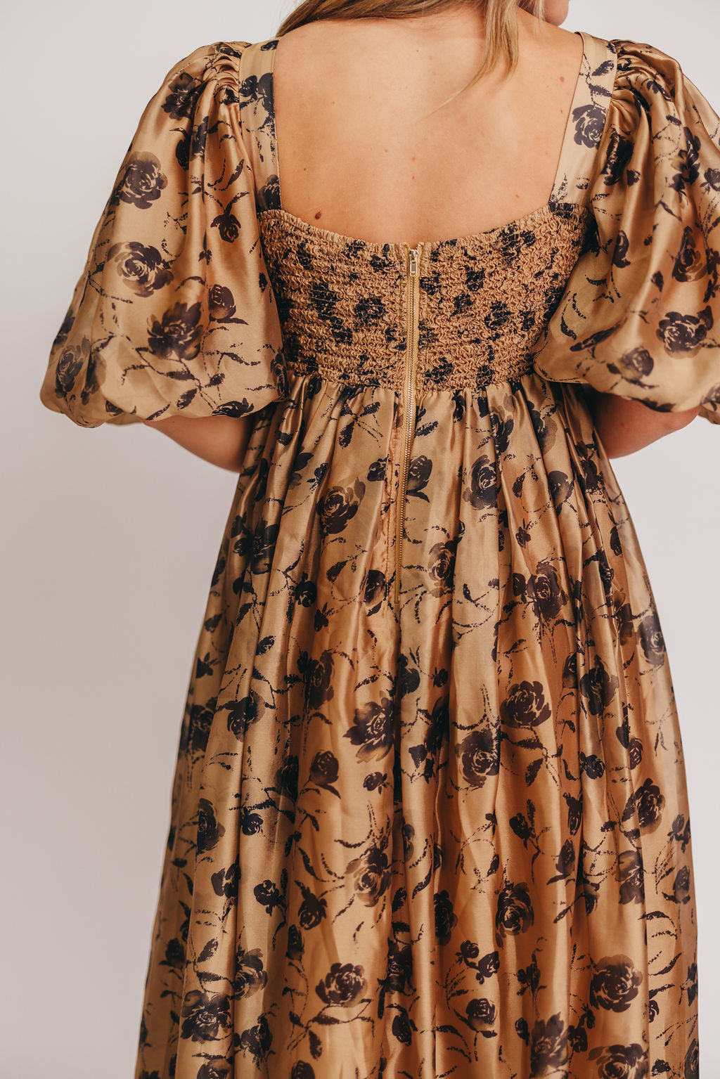 Harlow Camel & Black Floral Maxi Dress with Stretchy Neckline - Bump Friendly (Final Few)