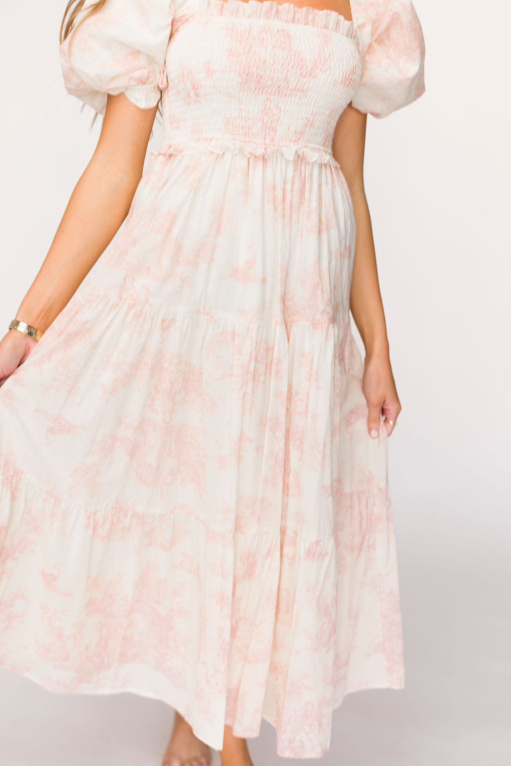Elena 100% Cotton Toile Print Smocked Midi Dress in Pink - Bump Friendly