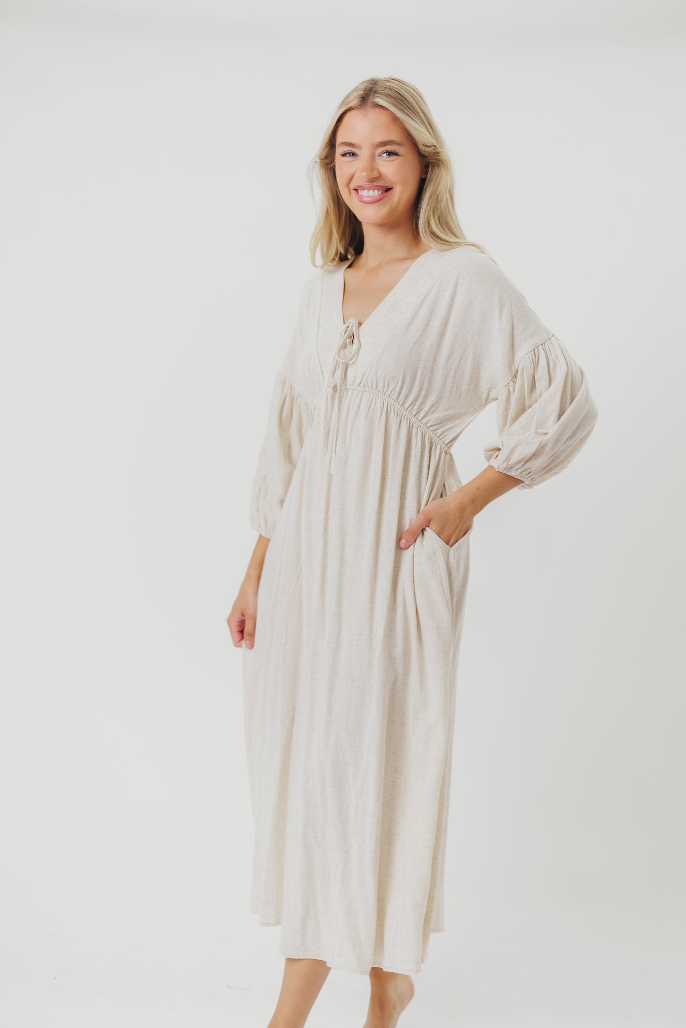 Hunter Linen-Blend Midi Dress in Greige - Bump Friendly
