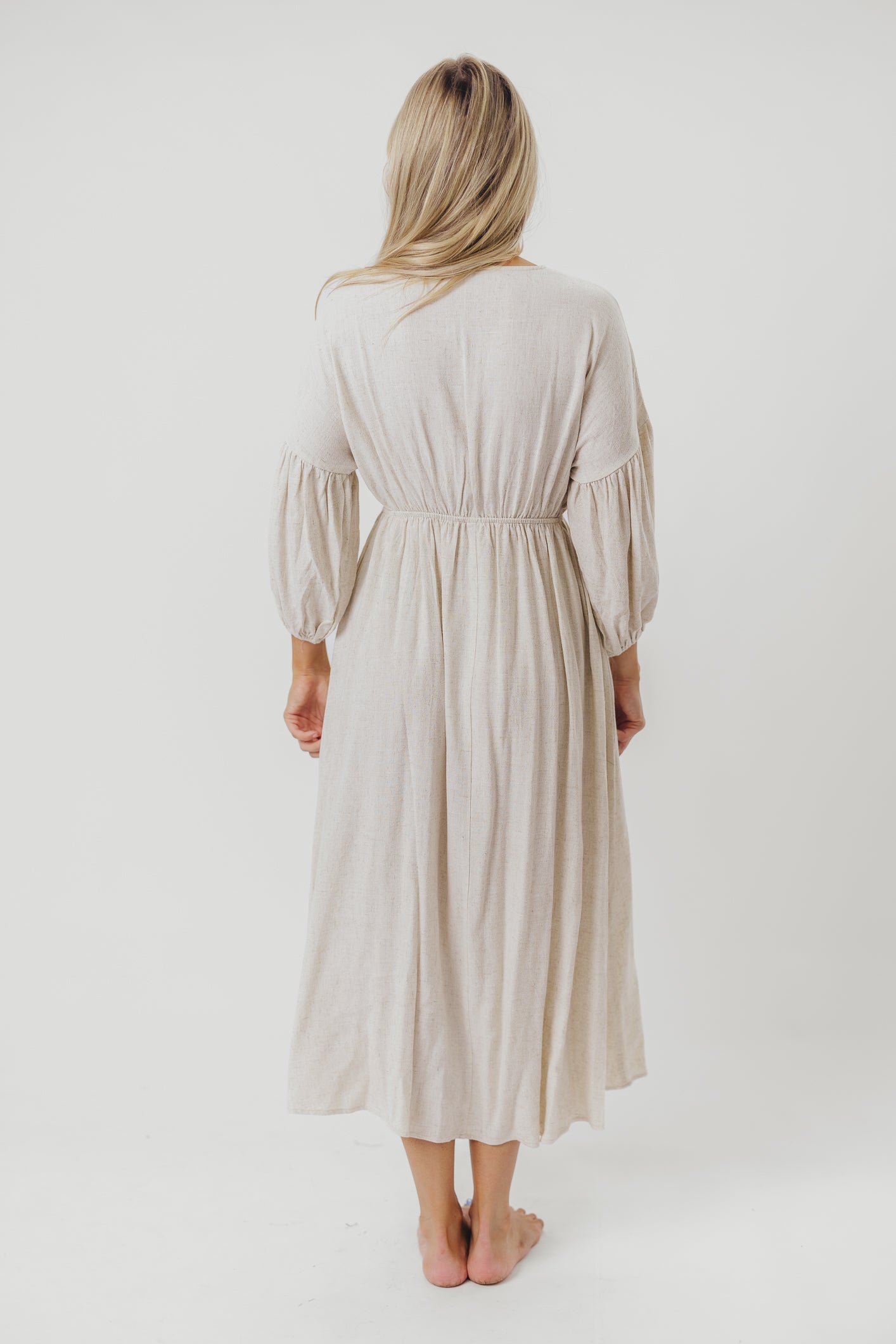Hunter Linen-Blend Midi Dress in Greige - Bump Friendly
