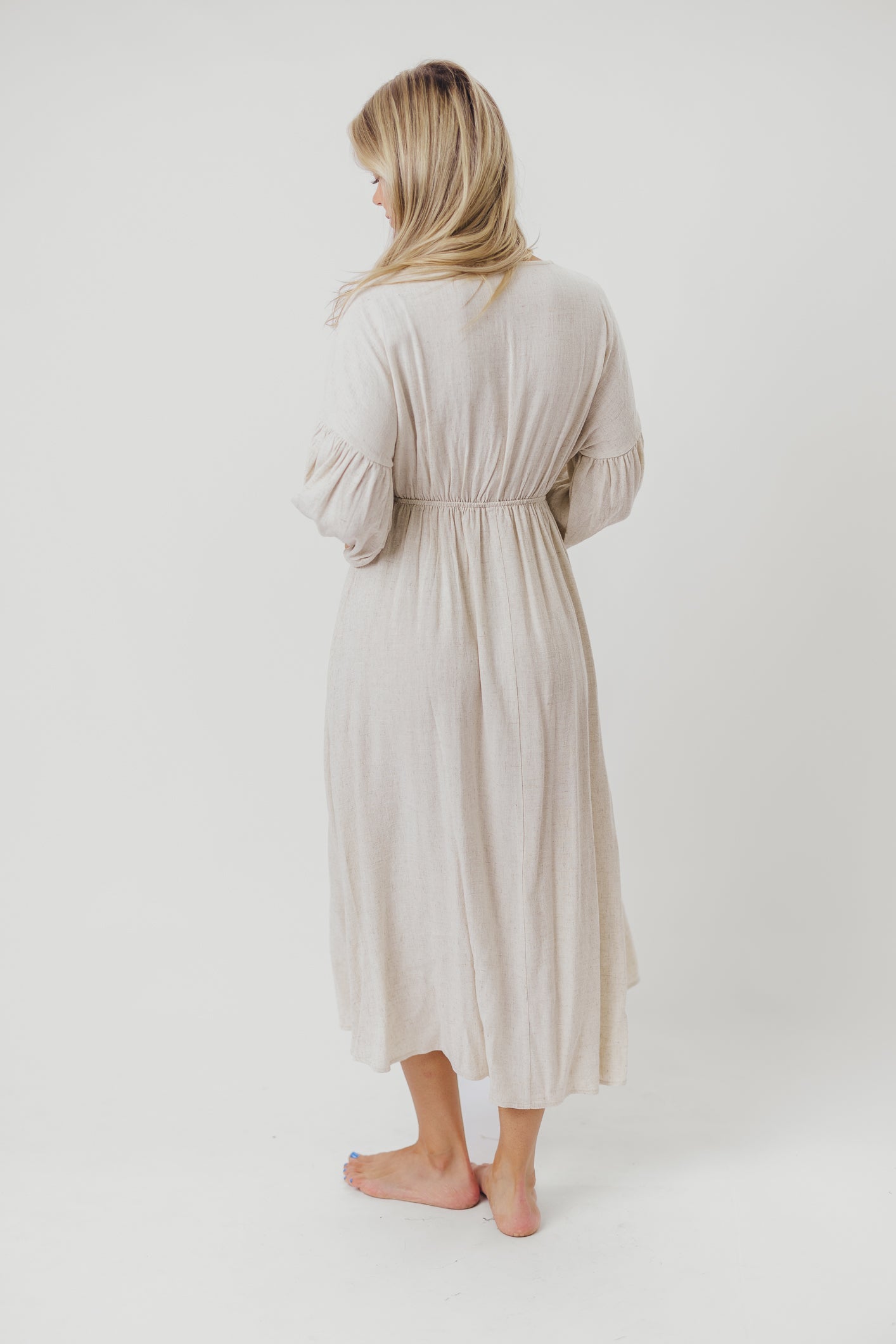 Hunter Linen-Blend Midi Dress in Greige - Bump Friendly
