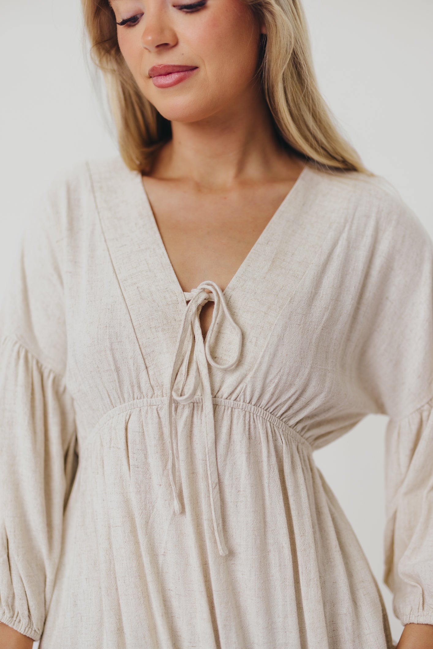 Hunter Linen-Blend Midi Dress in Greige - Bump Friendly