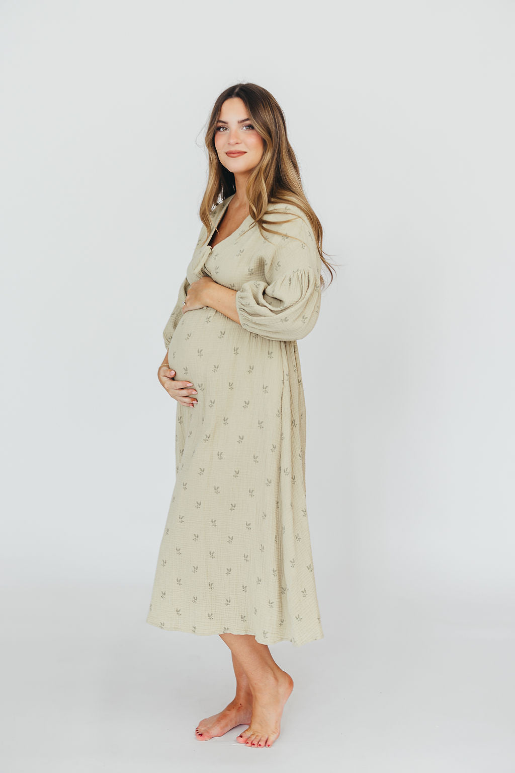 Hunter 100% Cotton Gauze Midi Dress in Thyme/Sage Foliage - Bump Friendly & Inclusive Sizing (XS-3XL)