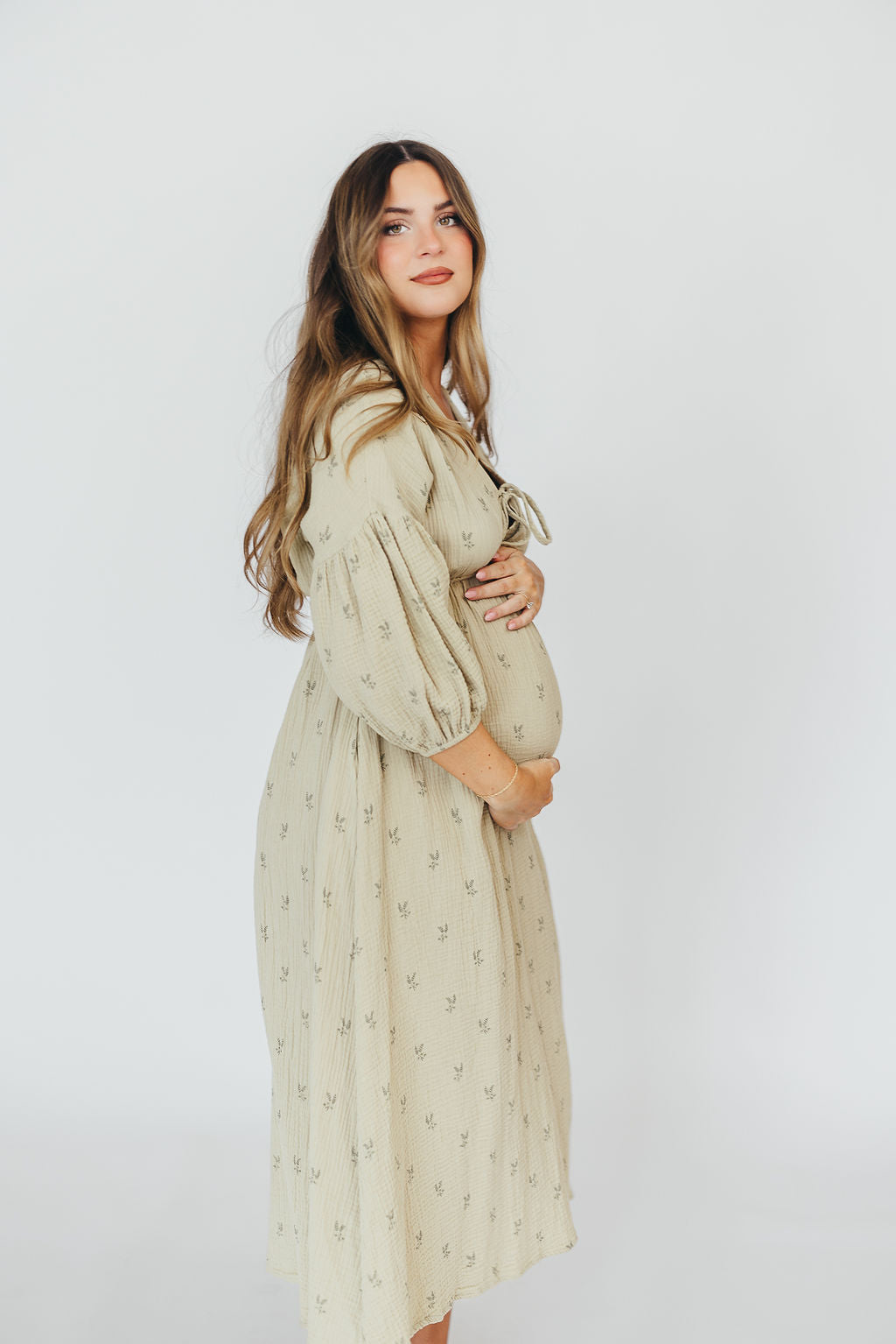 Hunter 100% Cotton Gauze Midi Dress in Thyme/Sage Foliage - Bump Friendly & Inclusive Sizing (XS-3XL)