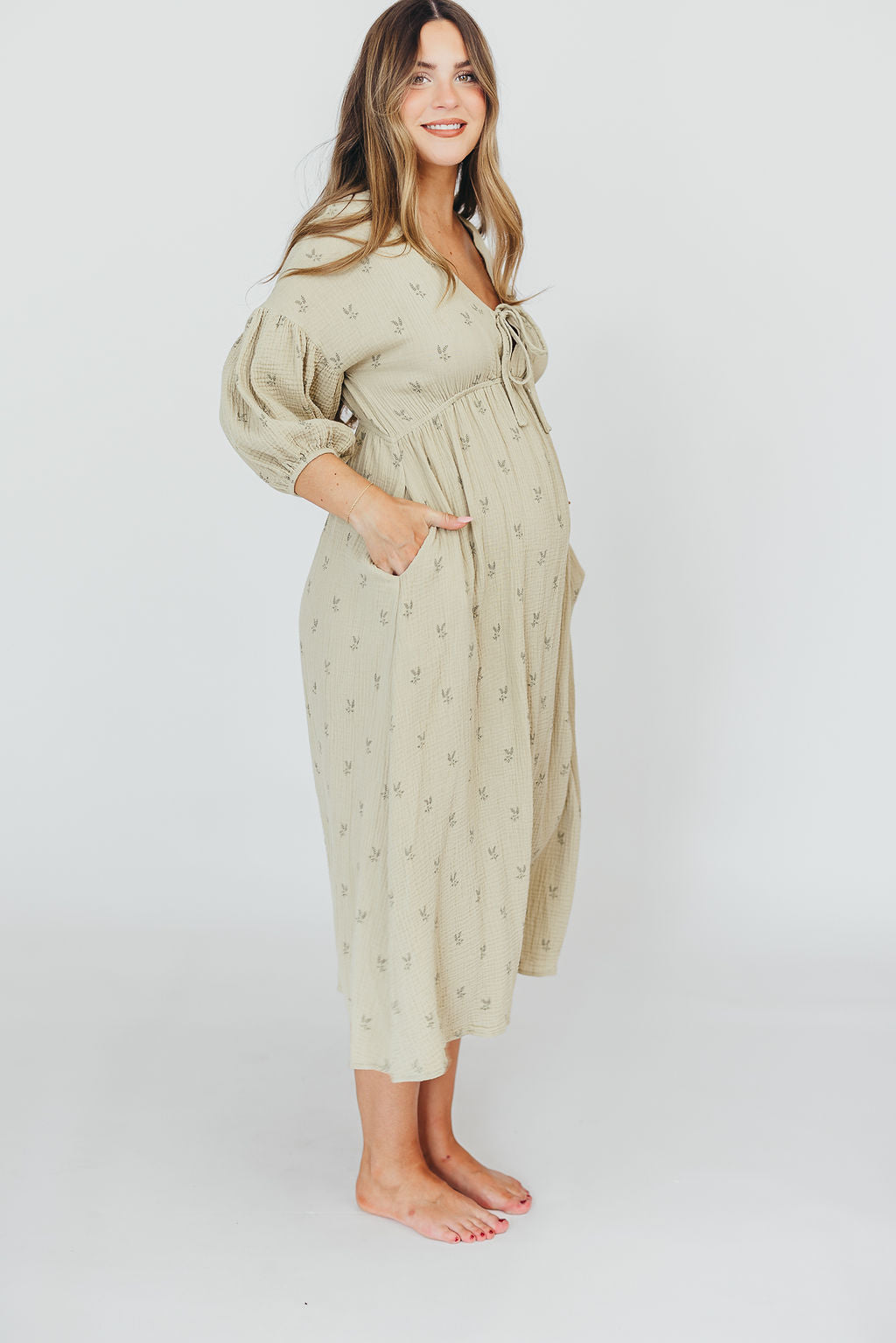 Hunter 100% Cotton Gauze Midi Dress in Thyme/Sage Foliage - Bump Friendly & Inclusive Sizing (XS-3XL)