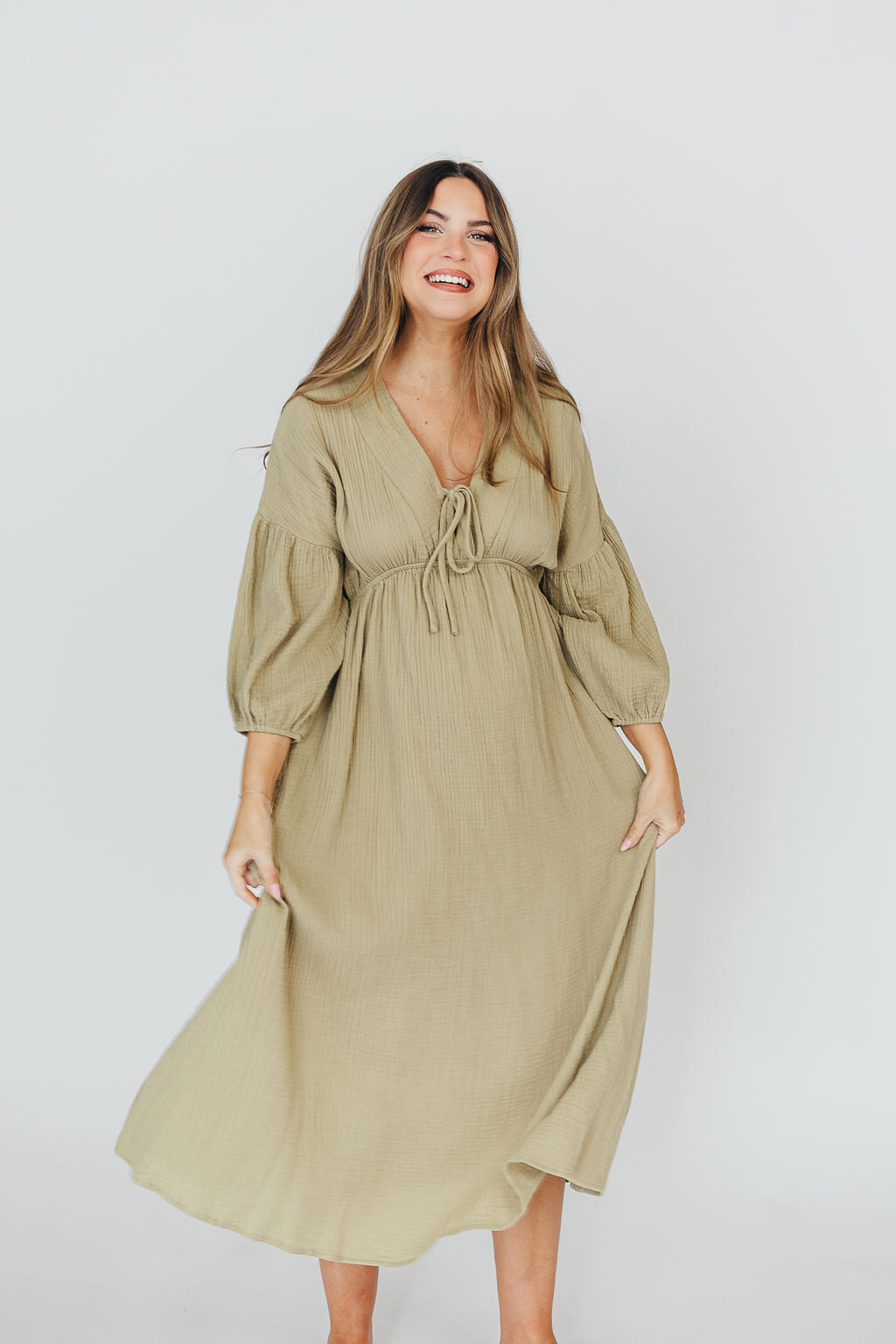 Hunter 100% Cotton Gauze Midi Dress in Thyme - Bump Friendly and Inclusive Sizing