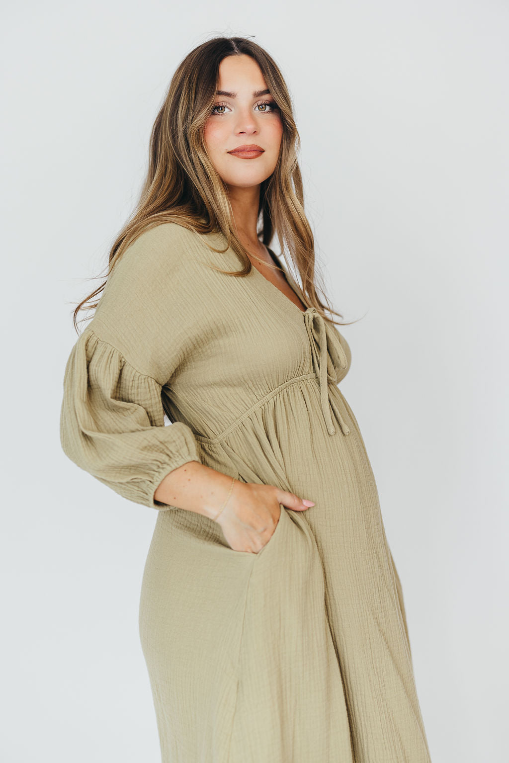 Hunter 100% Cotton Gauze Midi Dress in Thyme - Bump Friendly and Inclusive Sizing