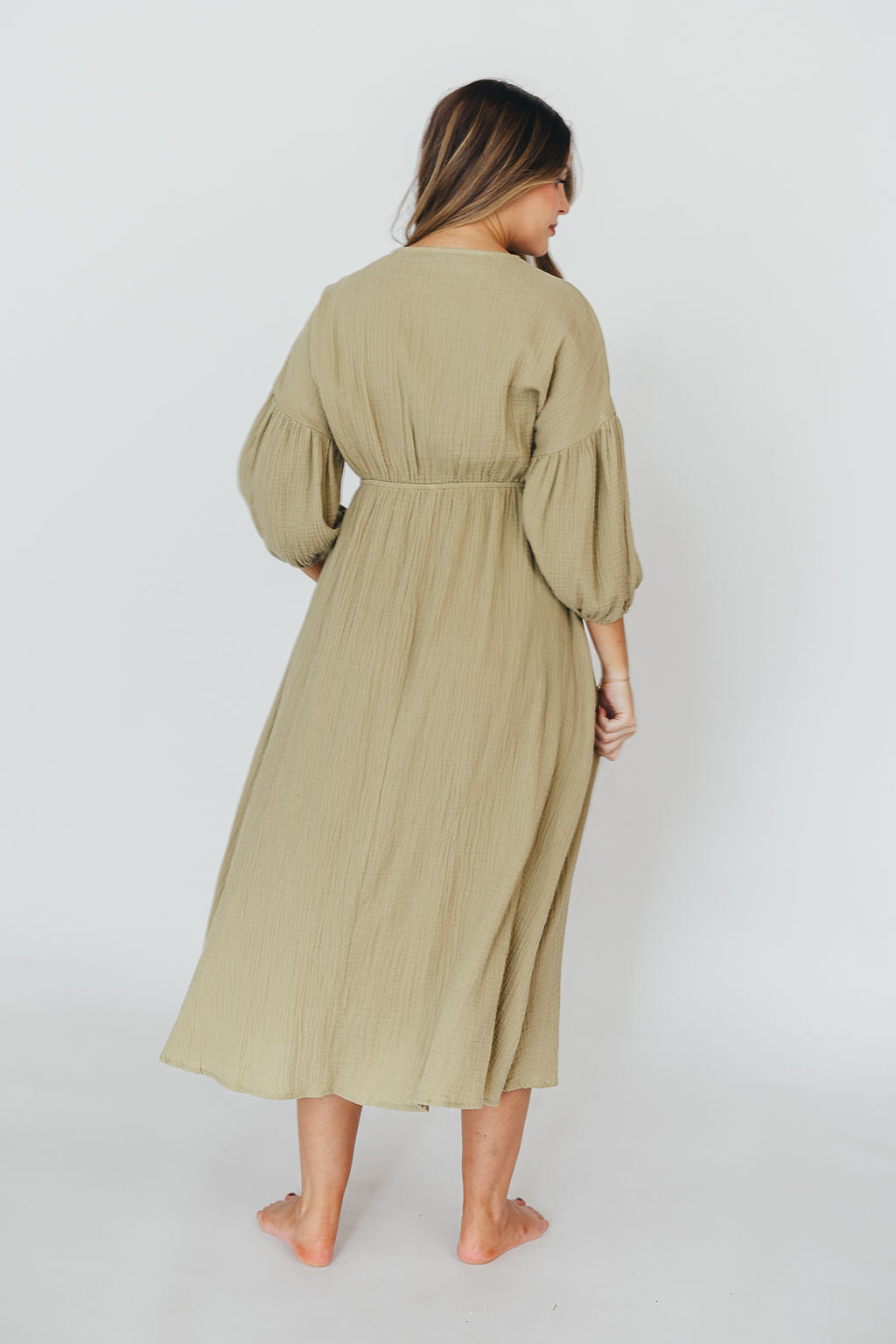 Hunter 100% Cotton Gauze Midi Dress in Thyme - Bump Friendly and Inclusive Sizing