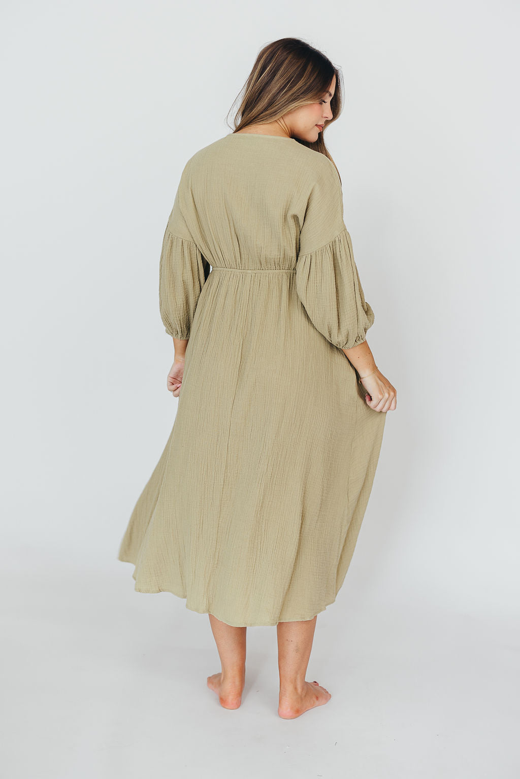 Hunter 100% Cotton Gauze Midi Dress in Thyme - Bump Friendly and Inclusive Sizing