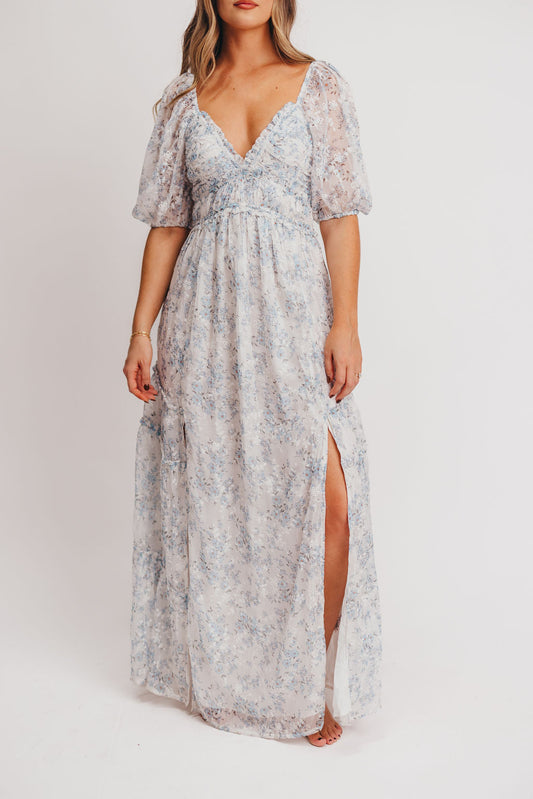 Daphne High Slit Eyelet Detail Maxi Dress in Blue and White Floral - Inclusive Sizing
