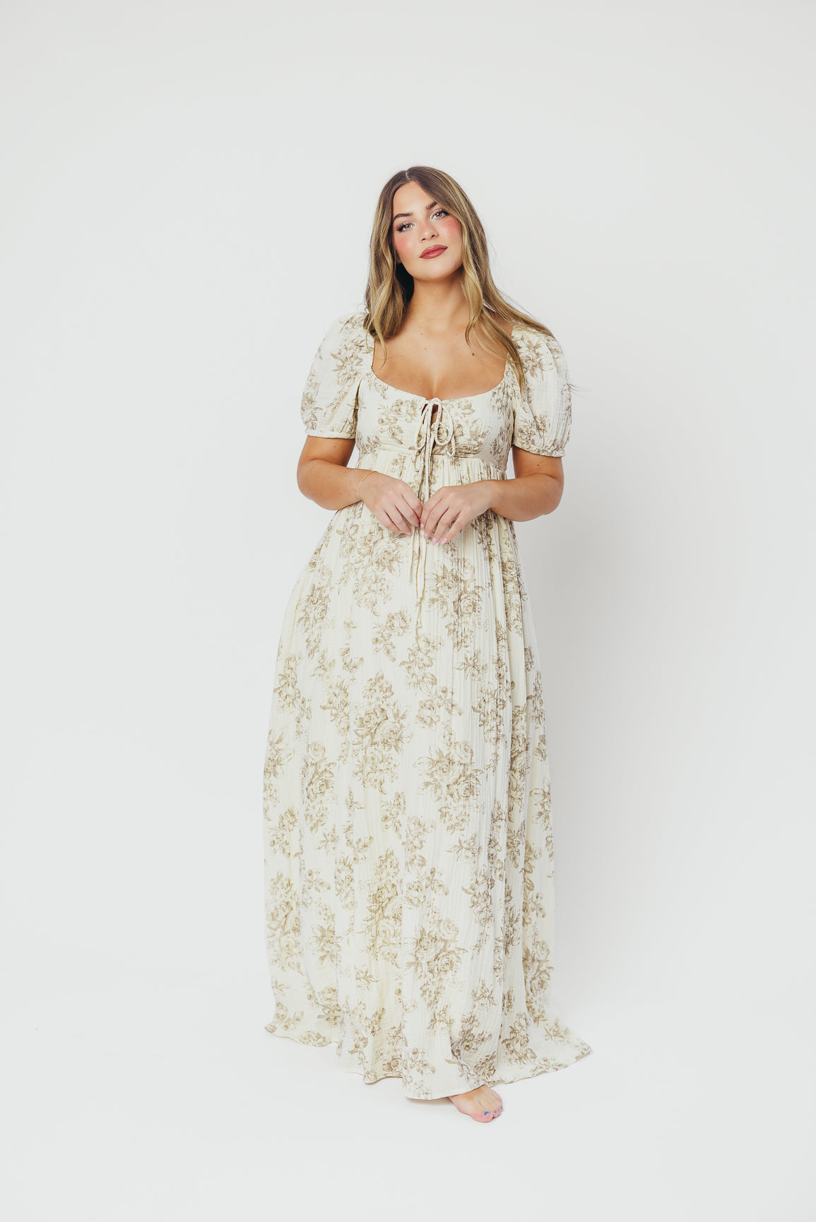 Haven 100% Cotton Tie-Front Maxi Dress in Taupe/Brown Floral - Bump Friendly