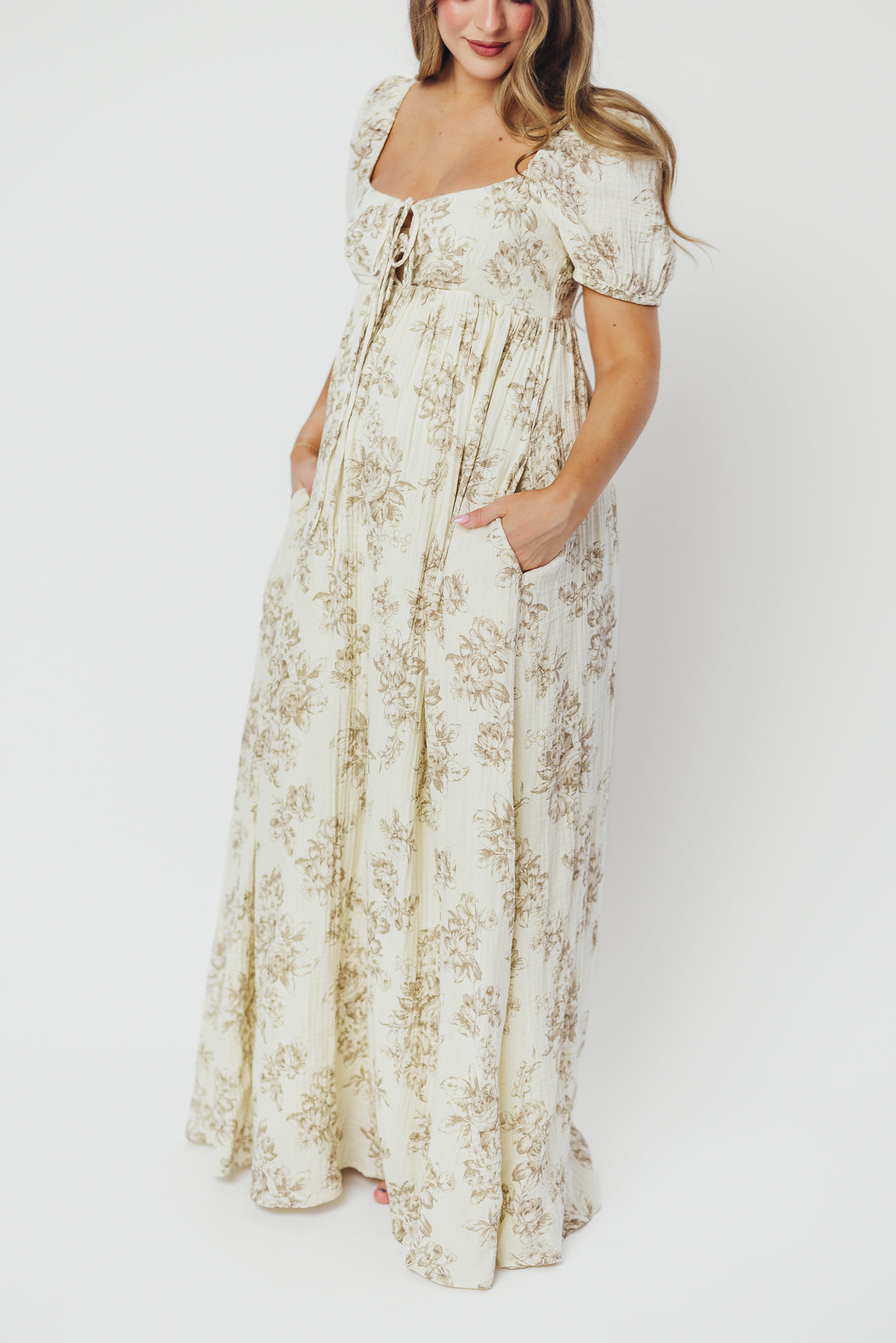 Haven 100% Cotton Tie-Front Maxi Dress in Taupe/Brown Floral - Bump Friendly