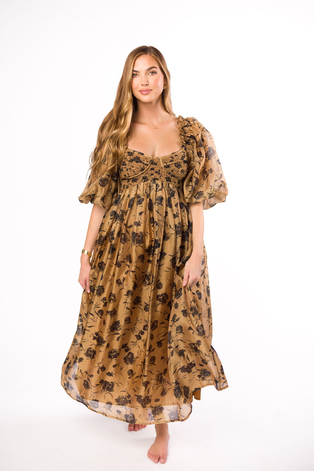 Harlow Camel & Black Floral Maxi Dress with Stretchy Neckline - Bump Friendly (Final Few)
