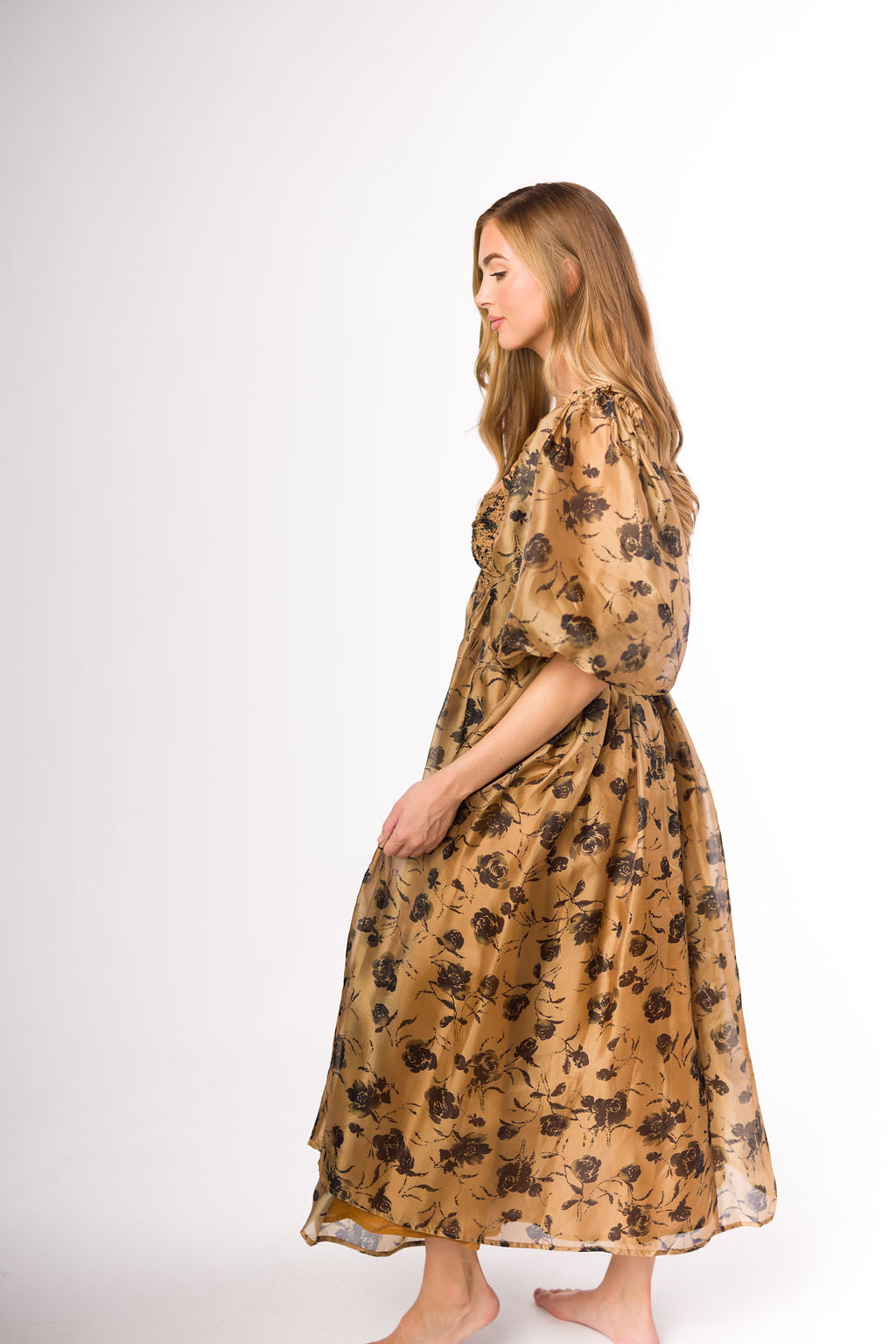 Harlow Camel & Black Floral Maxi Dress with Stretchy Neckline - Bump Friendly (Final Few)