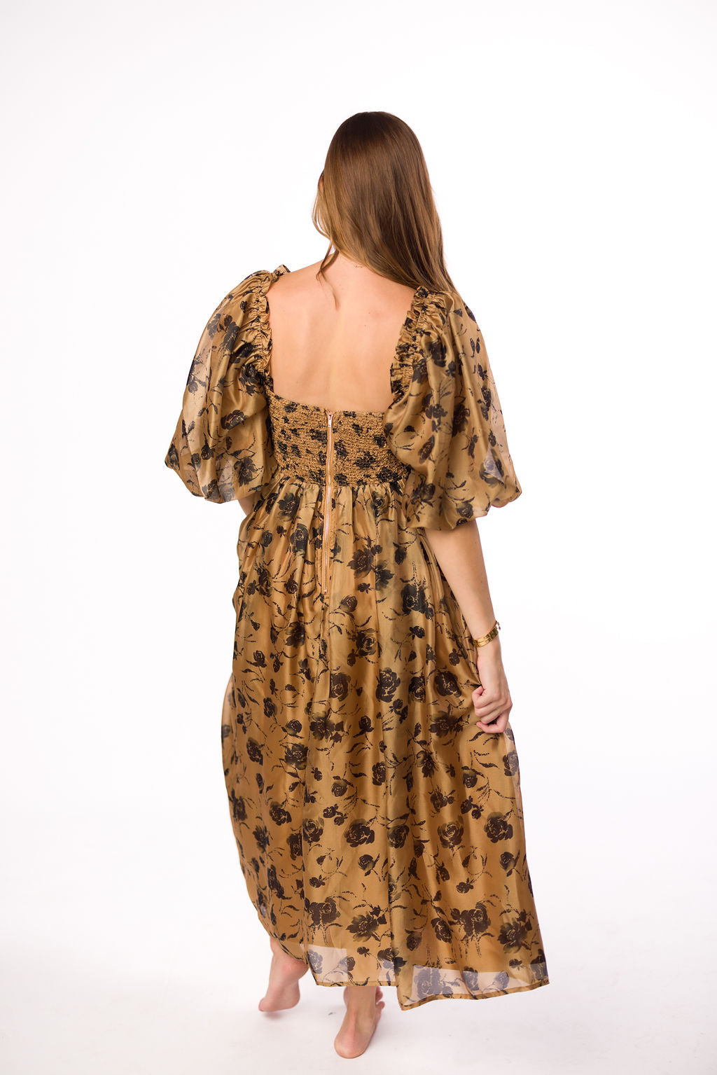 Harlow Camel & Black Floral Maxi Dress with Stretchy Neckline - Bump Friendly (Final Few)