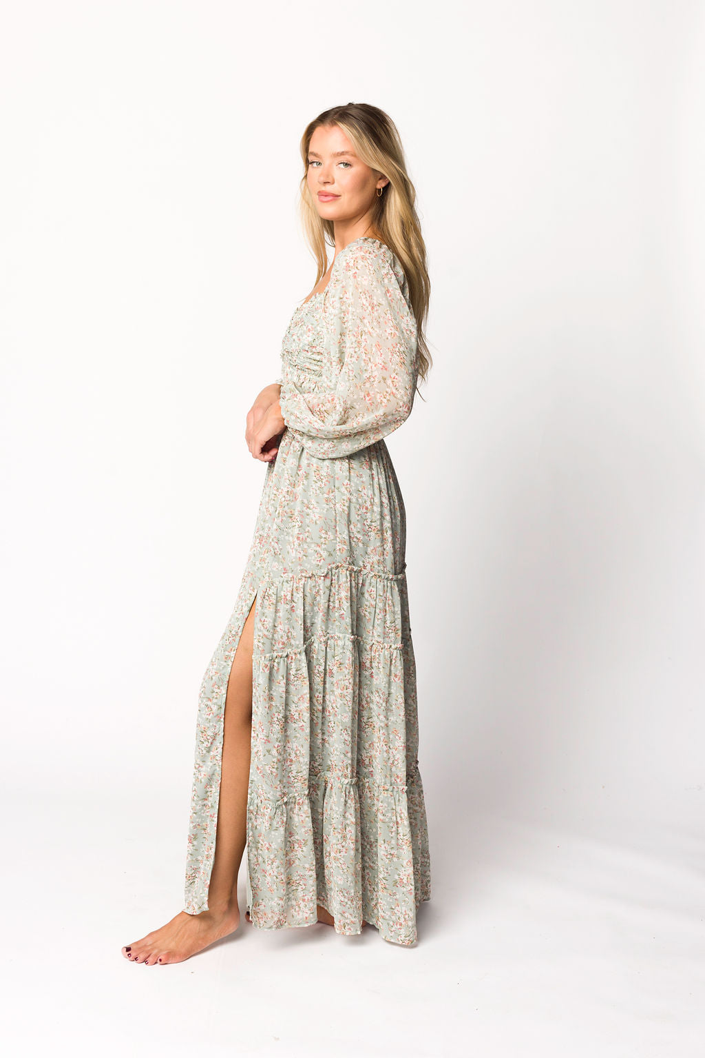 Daphne Long Sleeve Maxi Dress in Sage/Pink/Ivory Floral - Bump Friendly & Inclusive Sizing (XS-3XL)