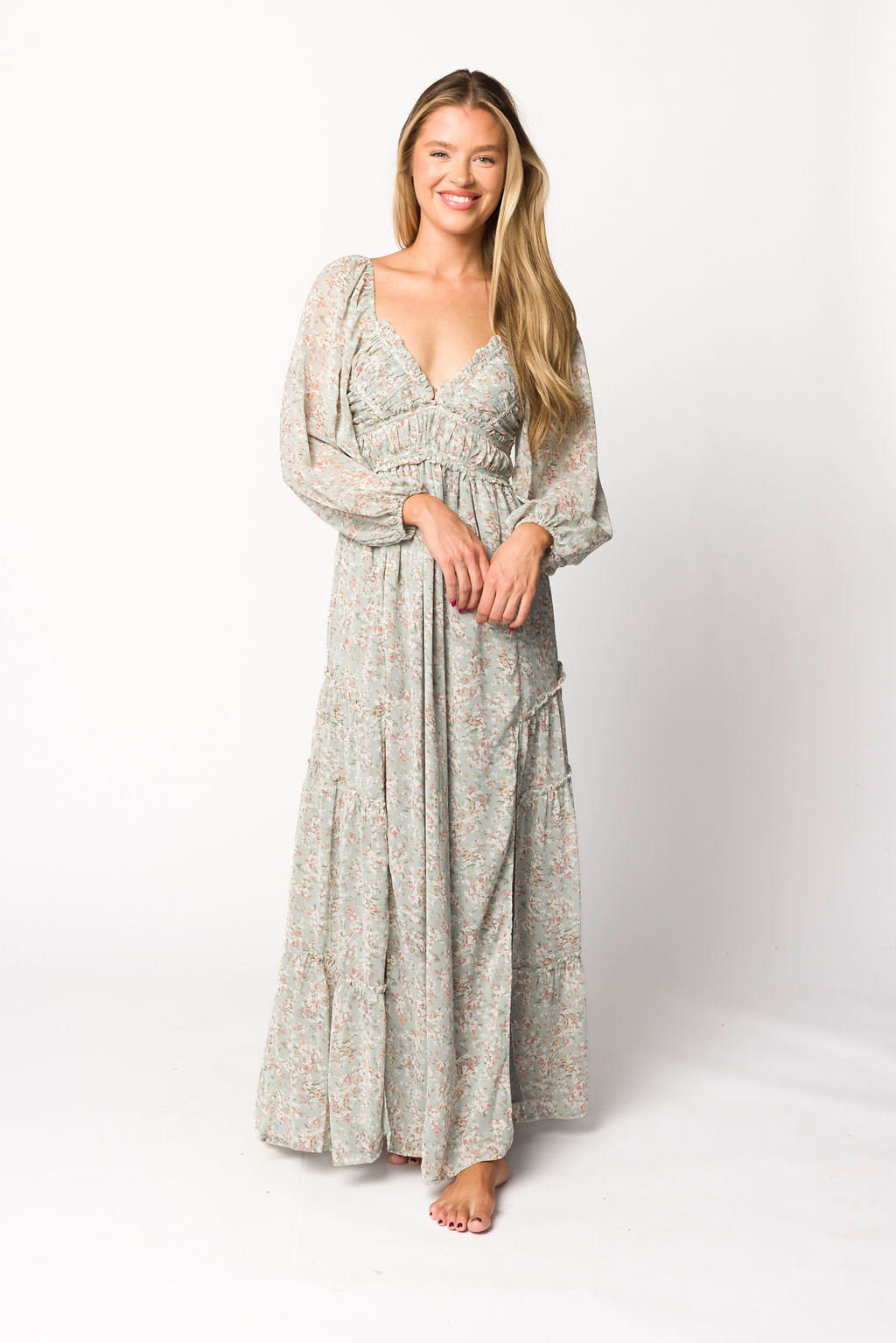Daphne Long Sleeve Maxi Dress in Sage/Pink/Ivory Floral - Bump Friendly & Inclusive Sizing (XS-3XL)