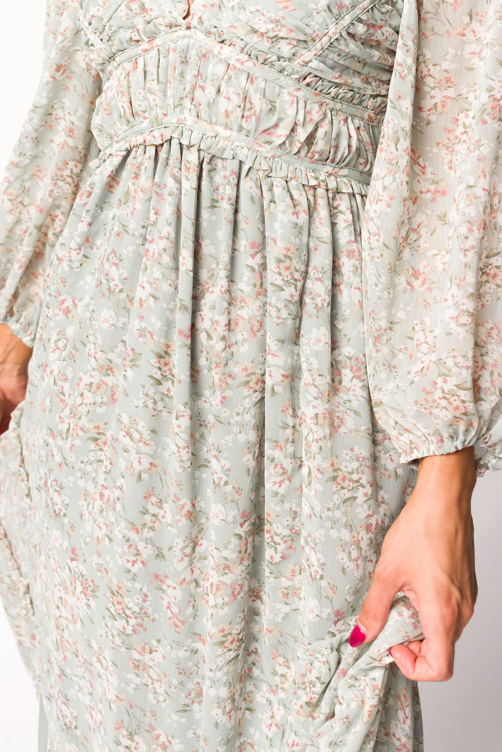 Daphne Long Sleeve Maxi Dress in Sage/Pink/Ivory Floral - Bump Friendly & Inclusive Sizing (XS-3XL)