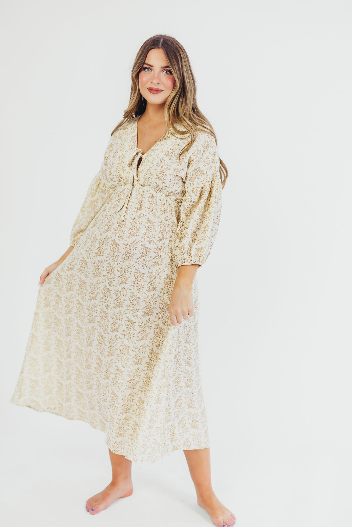 Hunter 100% Cotton Gauze Midi Dress in Natural/Tan Floral - Bump Friendly