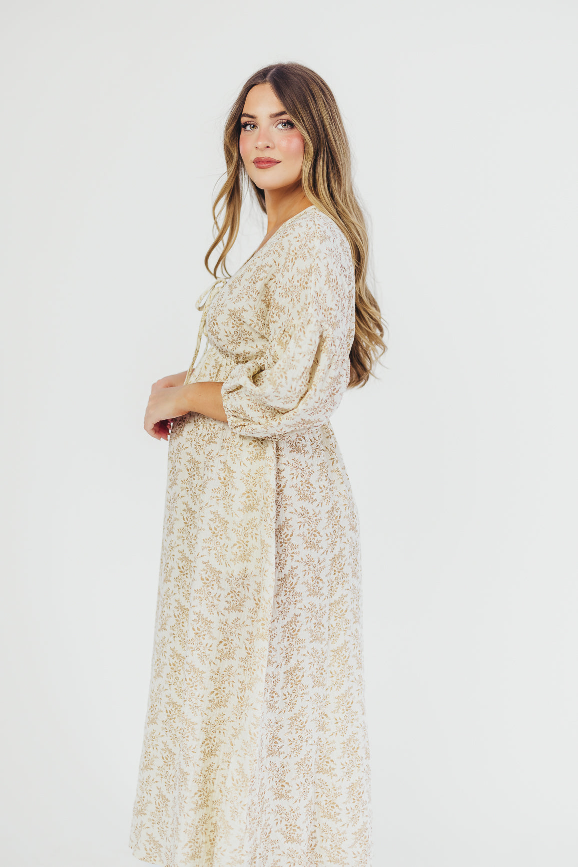 Hunter 100% Cotton Gauze Midi Dress in Natural/Tan Floral - Bump Friendly
