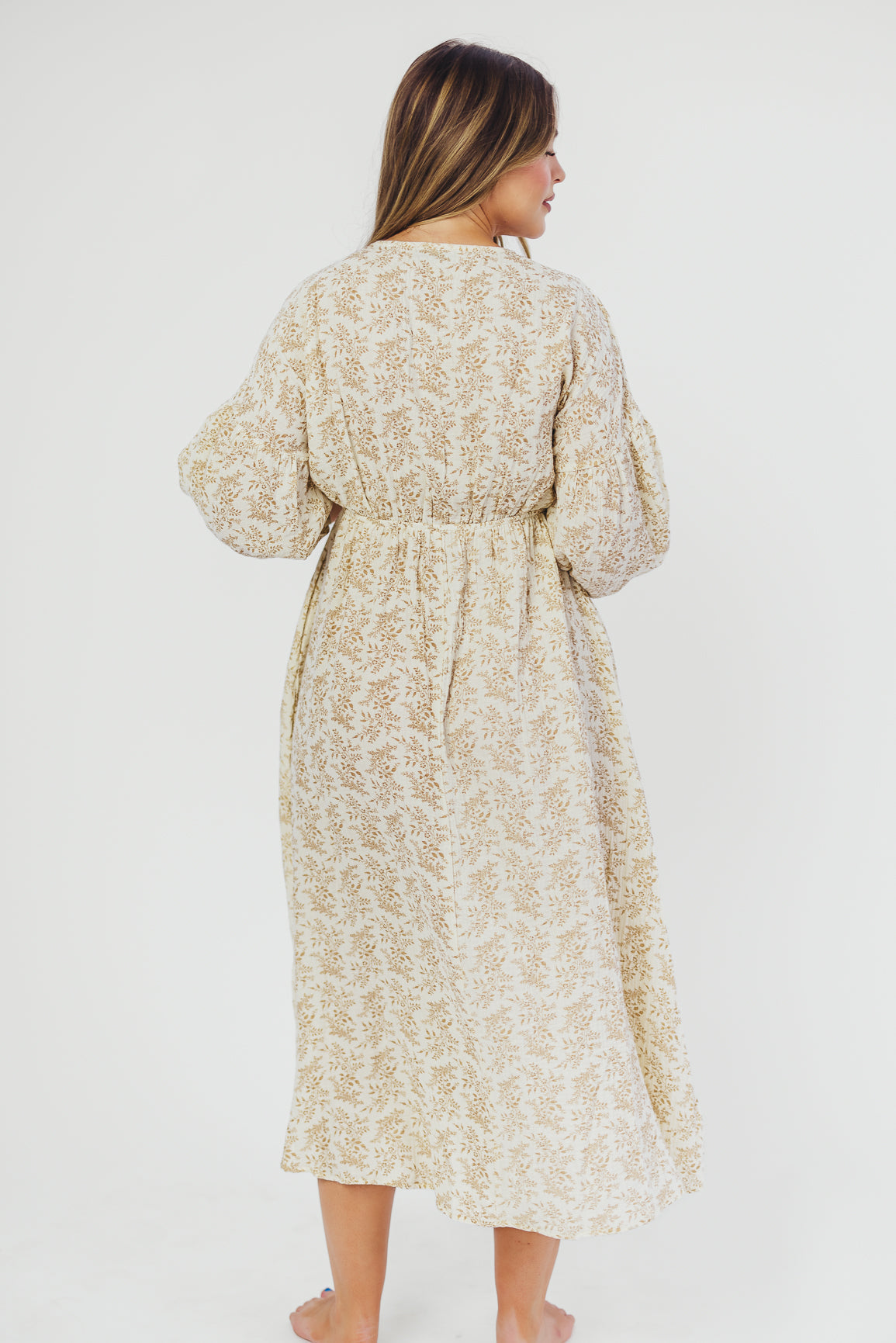 Hunter 100% Cotton Gauze Midi Dress in Natural/Tan Floral - Bump Friendly