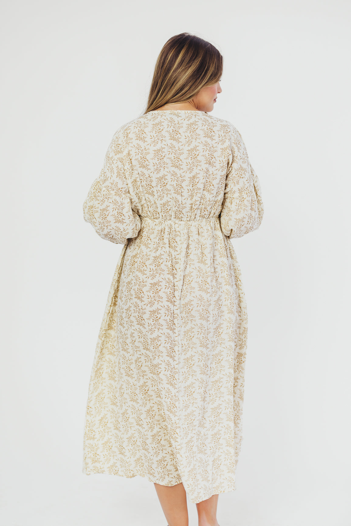 Hunter 100% Cotton Gauze Midi Dress in Natural/Tan Floral - Bump Friendly