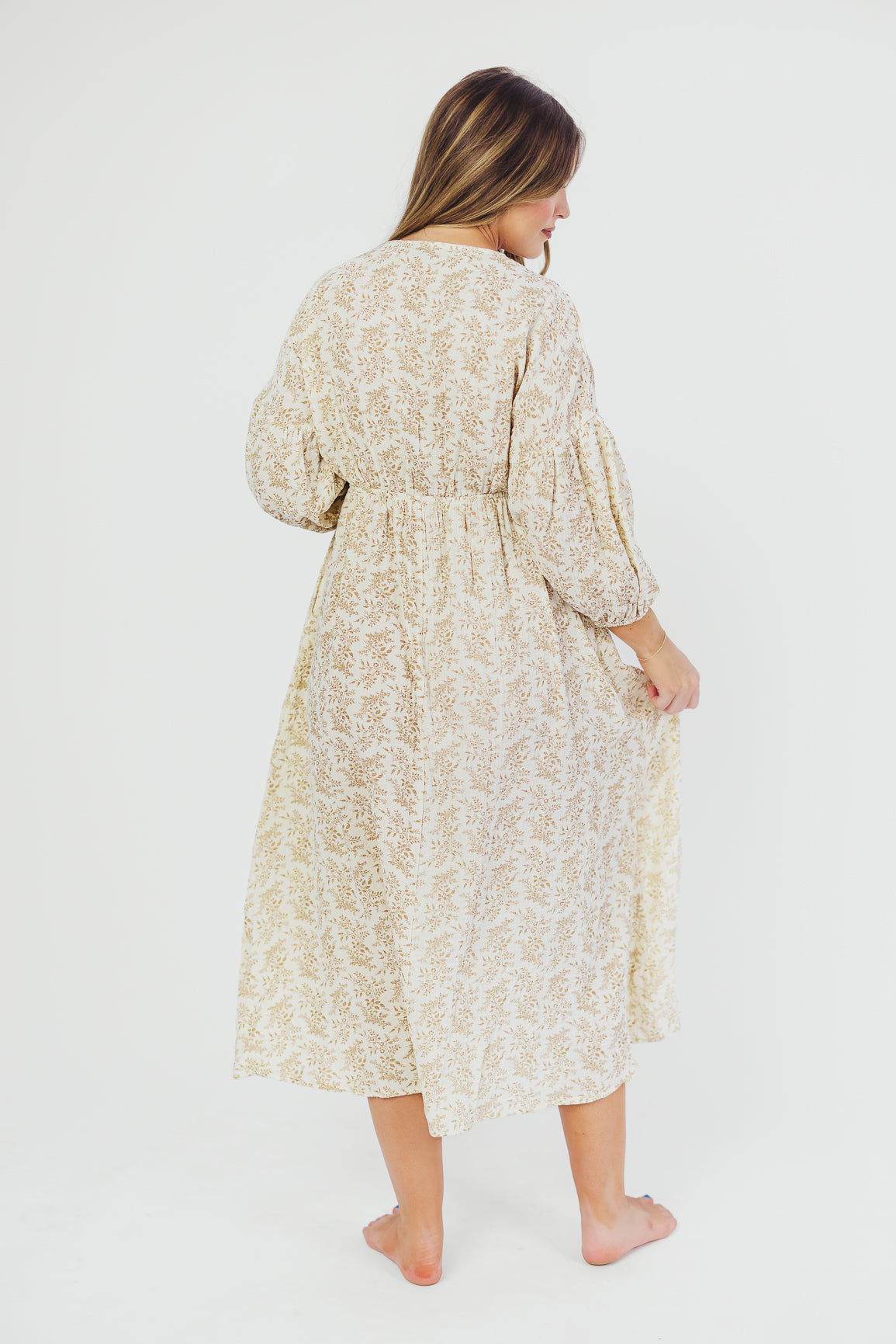 Hunter 100% Cotton Gauze Midi Dress in Natural/Tan Floral - Bump Friendly