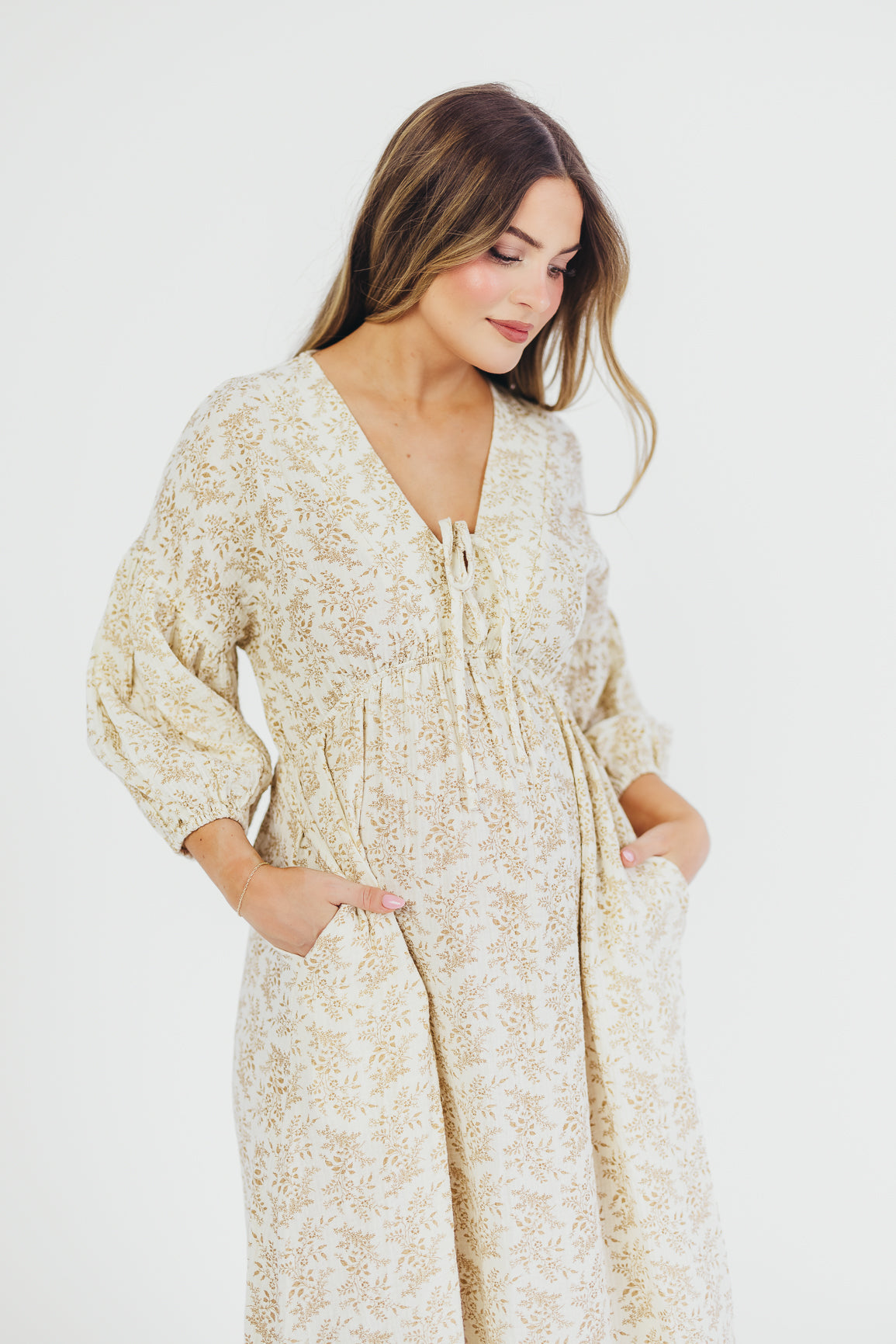 Hunter 100% Cotton Gauze Midi Dress in Natural/Tan Floral - Bump Friendly