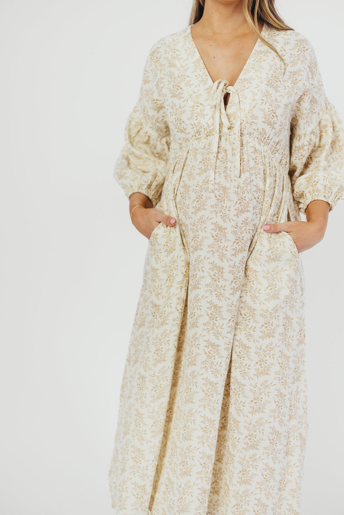 Hunter 100% Cotton Gauze Midi Dress in Natural/Tan Floral - Bump Friendly